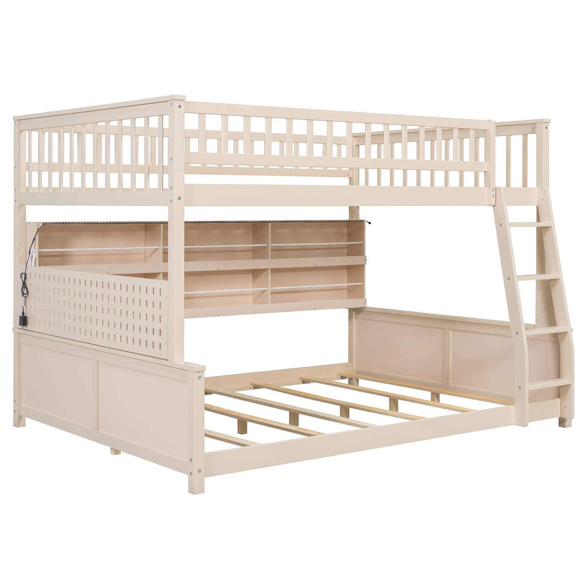 Rellan Full XL over Queen Bunk Bed with Storage Shelves, Pegboard and LED Lights