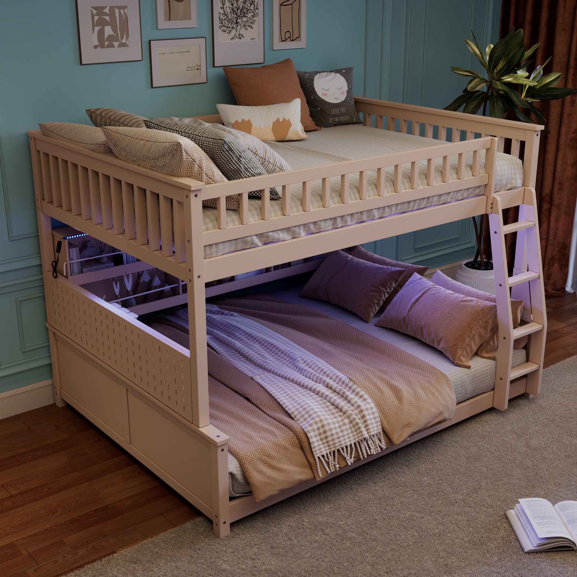 Rellan Full XL over Queen Bunk Bed with Storage Shelves, Pegboard and LED Lights