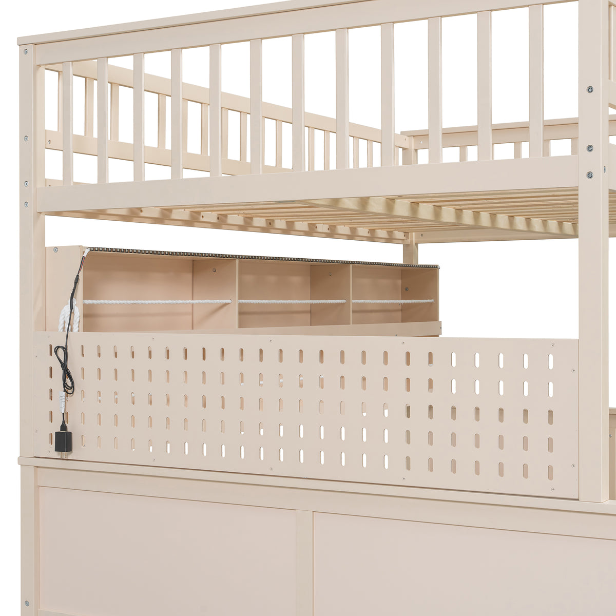 Rellan Full XL over Queen Bunk Bed with Storage Shelves, Pegboard and LED Lights