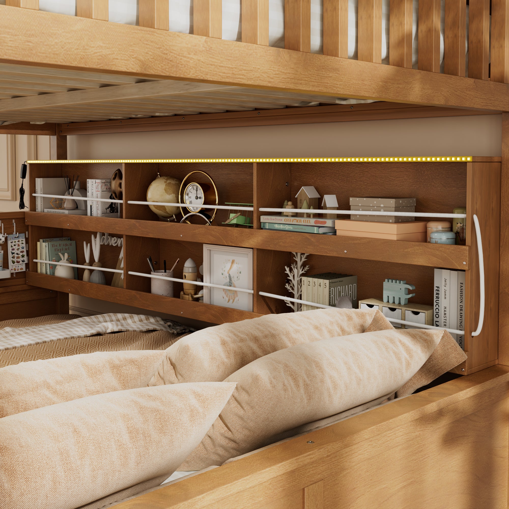 Rellan Full XL over Queen Bunk Bed with Storage Shelves, Pegboard and LED Lights