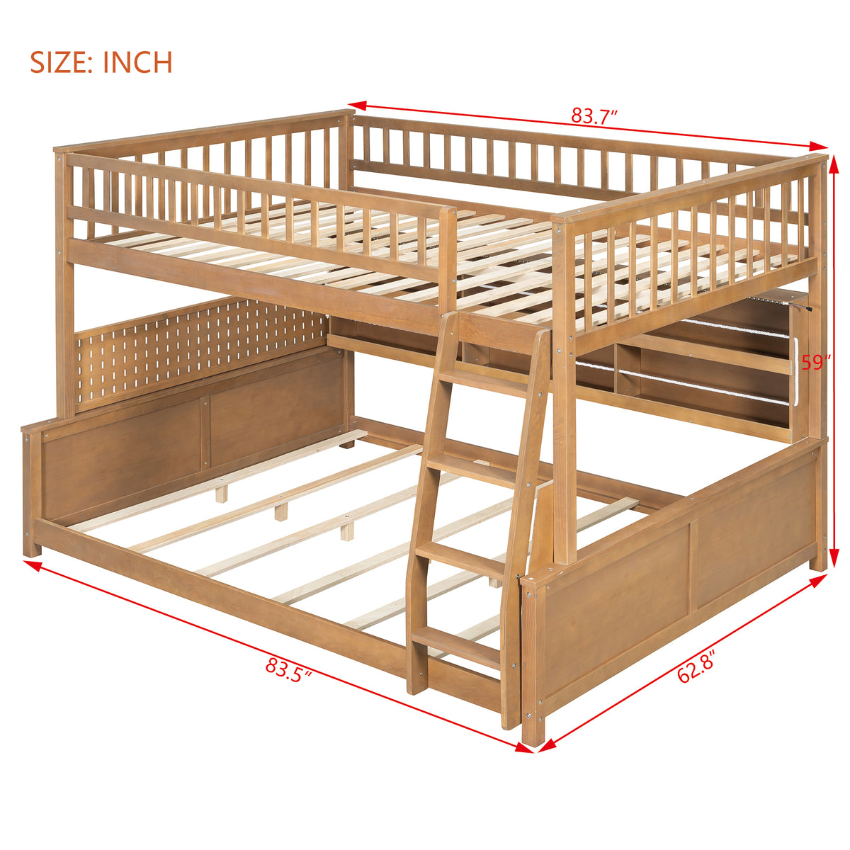 Rellan Full XL over Queen Bunk Bed with Storage Shelves, Pegboard and LED Lights