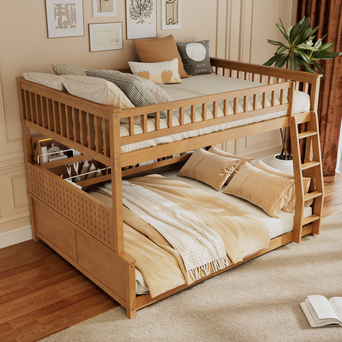 Rellan Full XL over Queen Bunk Bed with Storage Shelves, Pegboard and LED Lights