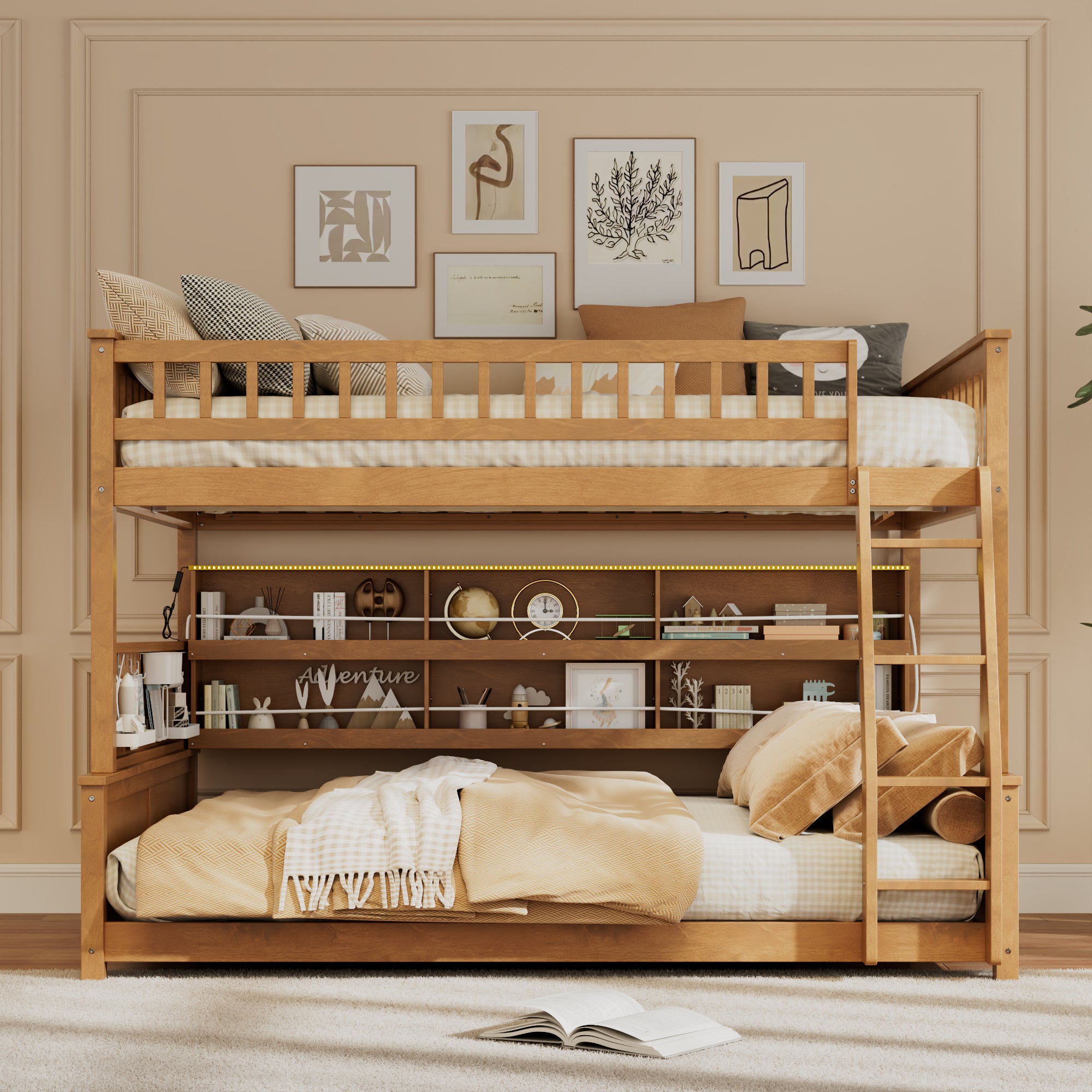 Rellan Full XL over Queen Bunk Bed with Storage Shelves, Pegboard and LED Lights