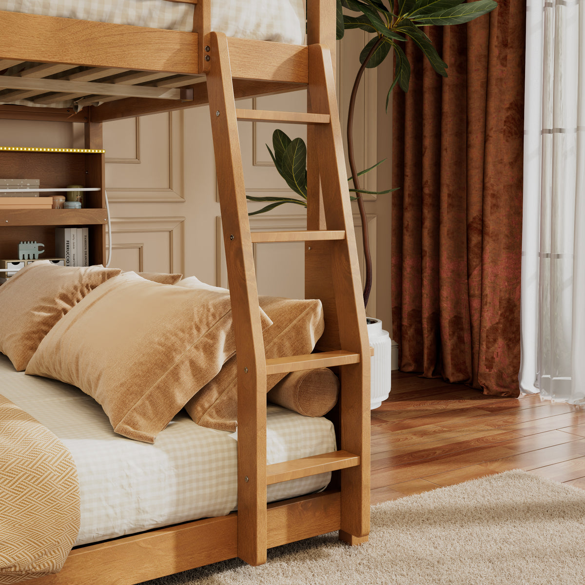 Rellan Full XL over Queen Bunk Bed with Storage Shelves, Pegboard and LED Lights