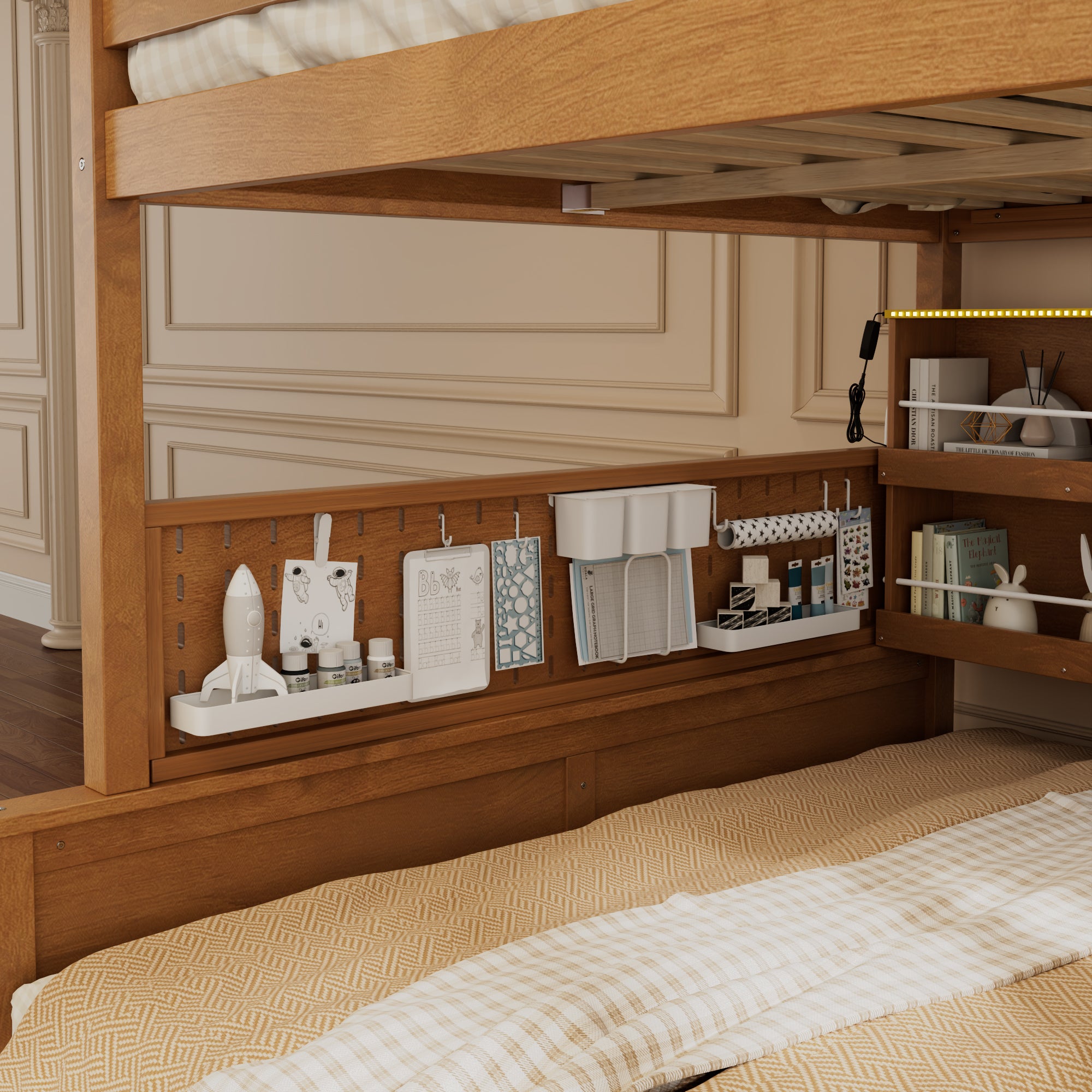 Rellan Full XL over Queen Bunk Bed with Storage Shelves, Pegboard and LED Lights