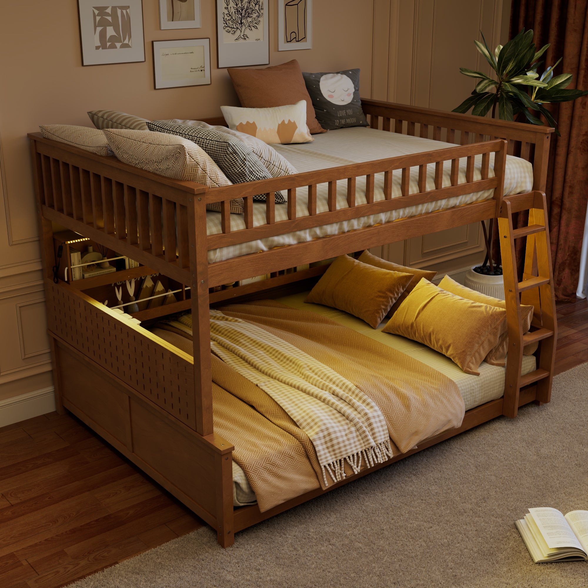 Rellan Full XL over Queen Bunk Bed with Storage Shelves, Pegboard and LED Lights