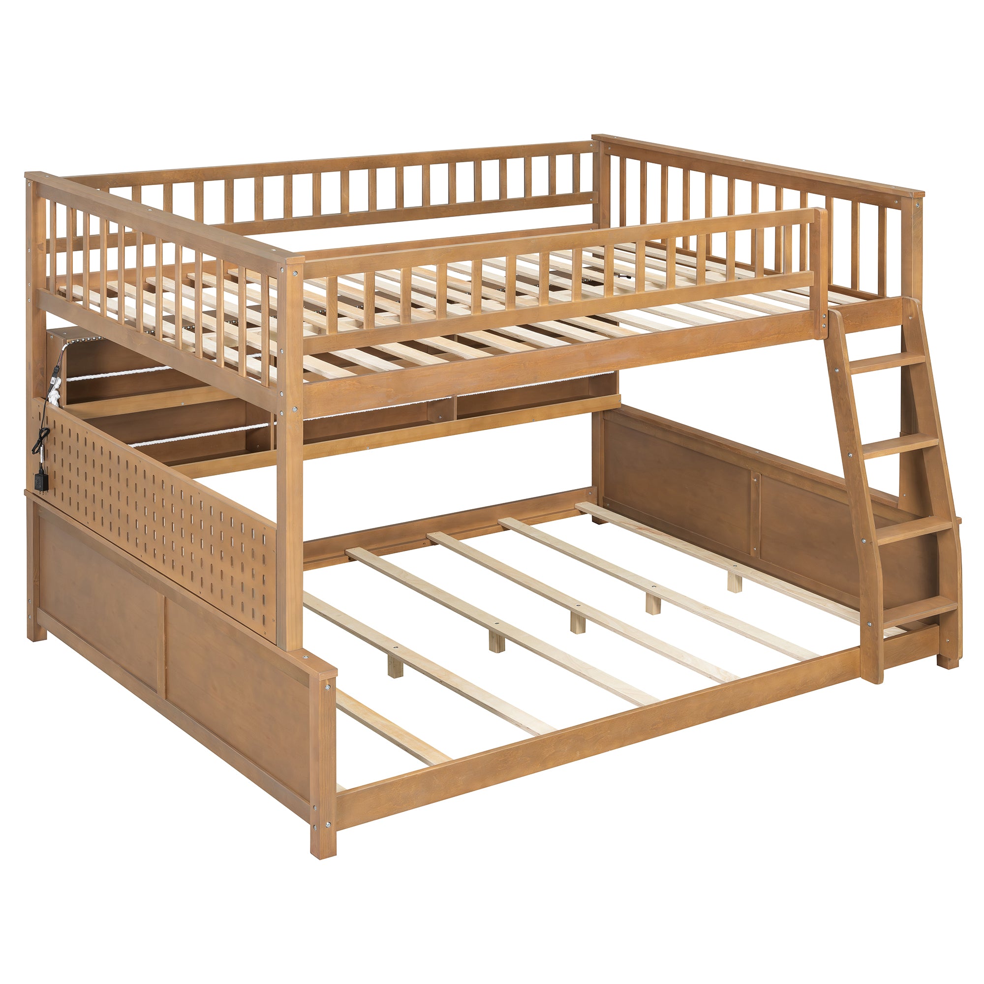 Rellan Full XL over Queen Bunk Bed with Storage Shelves, Pegboard and LED Lights