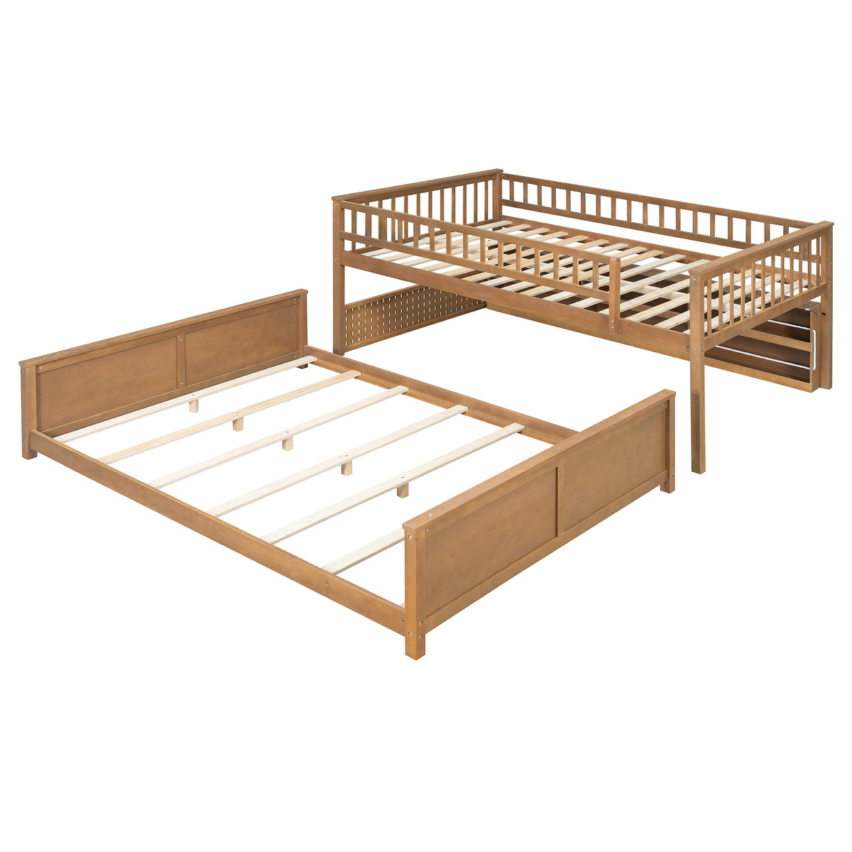 Rellan Full XL over Queen Bunk Bed with Storage Shelves, Pegboard and LED Lights