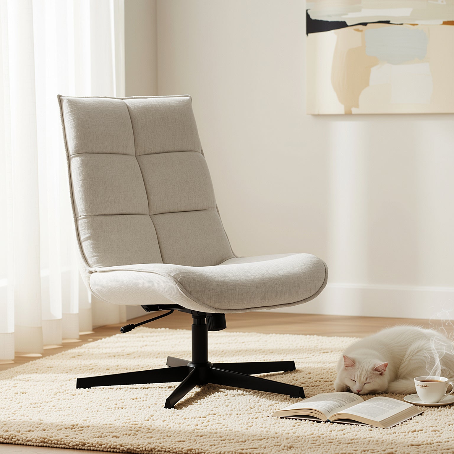 Homy Casa Lucks Swivel Lounge Chair with Fabric Upholstery, For Home or Office ,Beige