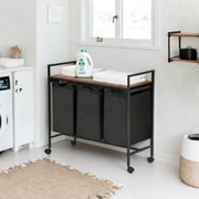 LUNNY Rolling Laundry Sorter Cart with 3 Removable Bags, Rustic Wood Top Shelf, Locking Wheels, Black Metal