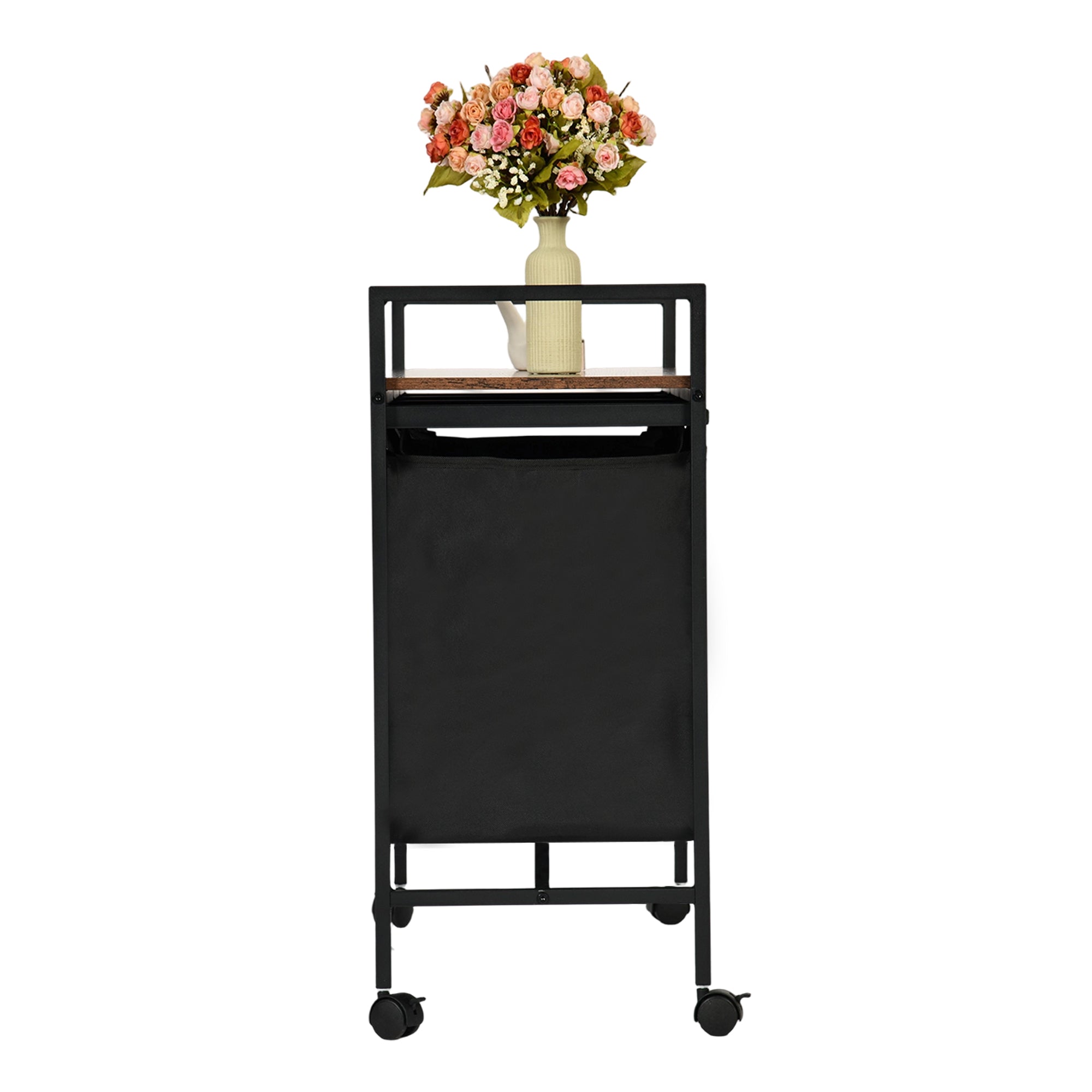 LUNNY Rolling Laundry Sorter Cart with 3 Removable Bags, Rustic Wood Top Shelf, Locking Wheels, Black Metal