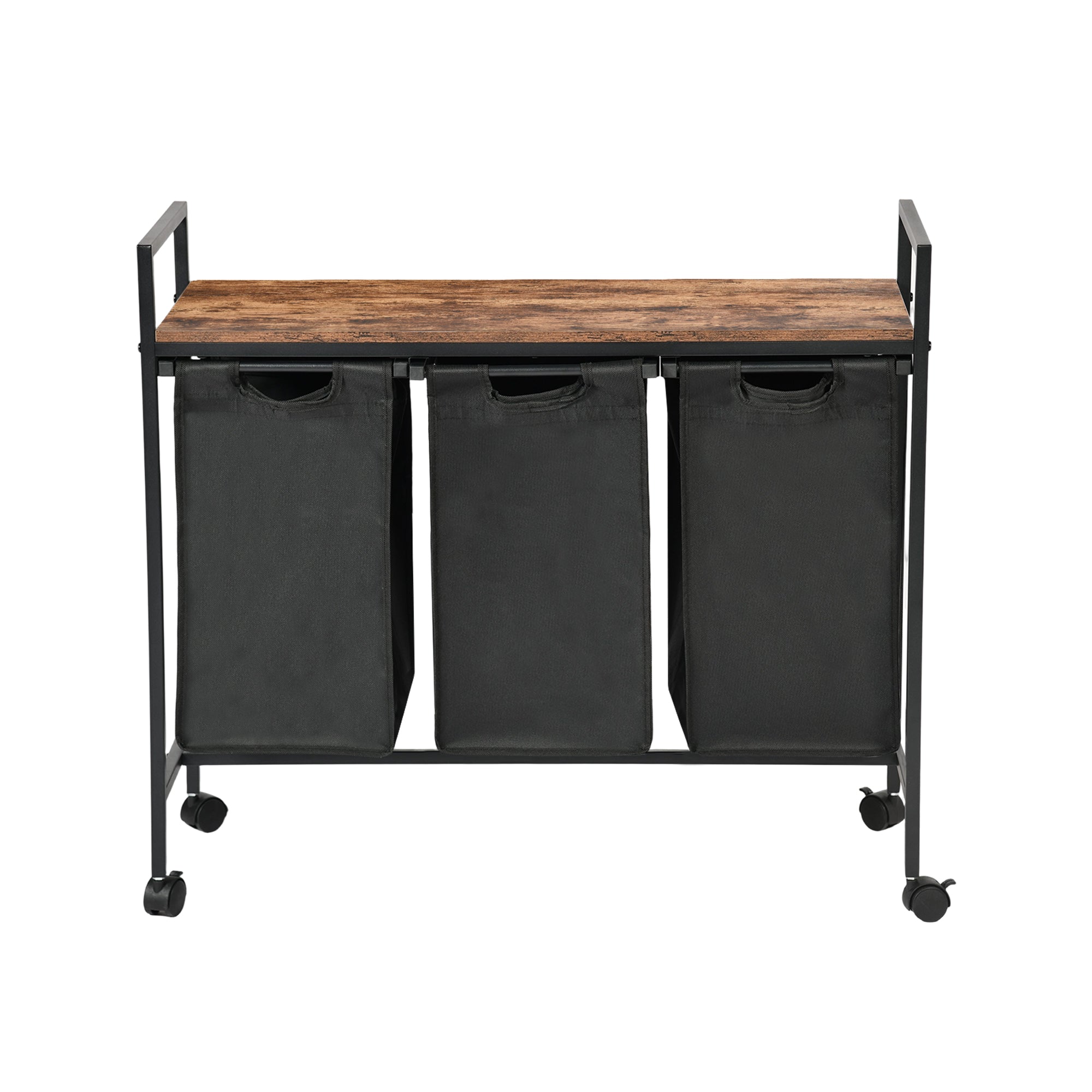 LUNNY Rolling Laundry Sorter Cart with 3 Removable Bags, Rustic Wood Top Shelf, Locking Wheels, Black Metal