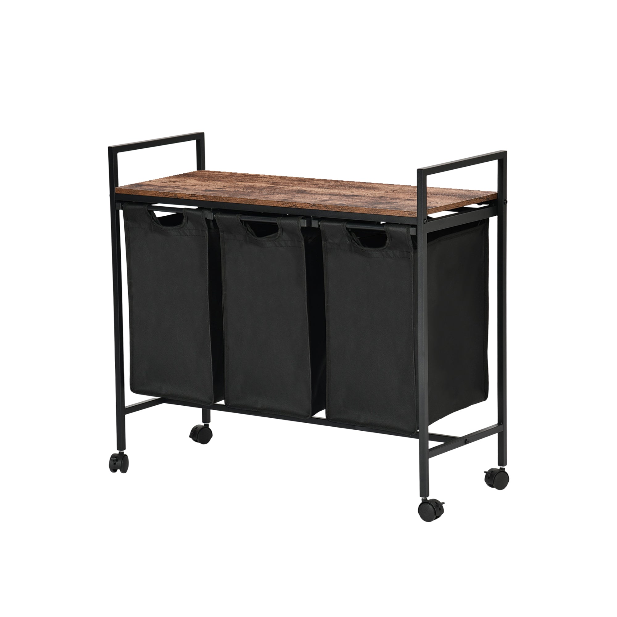 LUNNY Rolling Laundry Sorter Cart with 3 Removable Bags, Rustic Wood Top Shelf, Locking Wheels, Black Metal