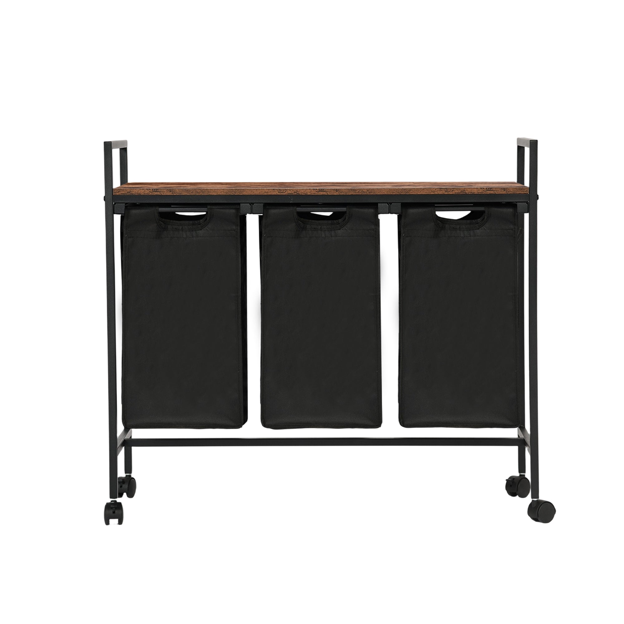 LUNNY Rolling Laundry Sorter Cart with 3 Removable Bags, Rustic Wood Top Shelf, Locking Wheels, Black Metal
