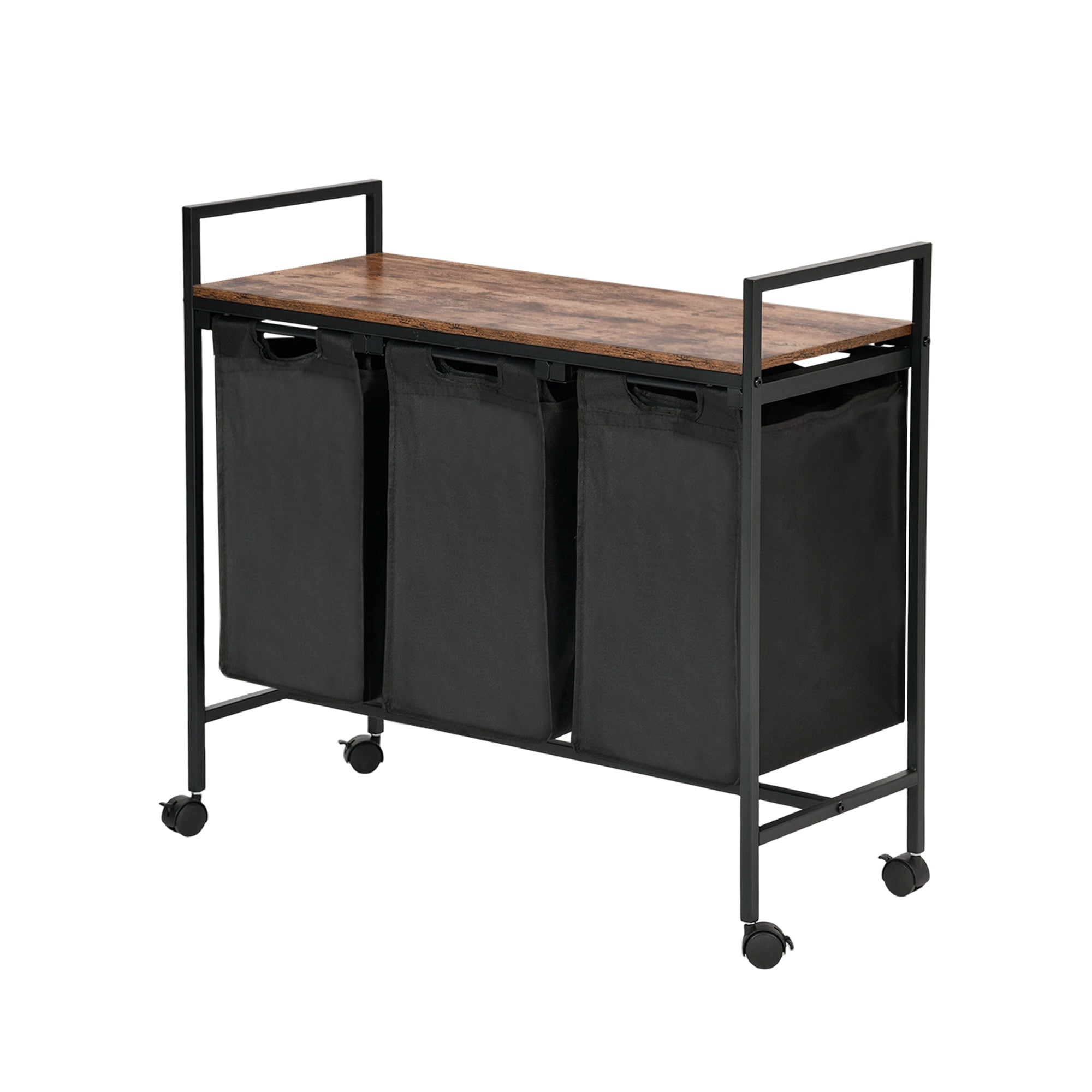 LUNNY Rolling Laundry Sorter Cart with 3 Removable Bags, Rustic Wood Top Shelf, Locking Wheels, Black Metal