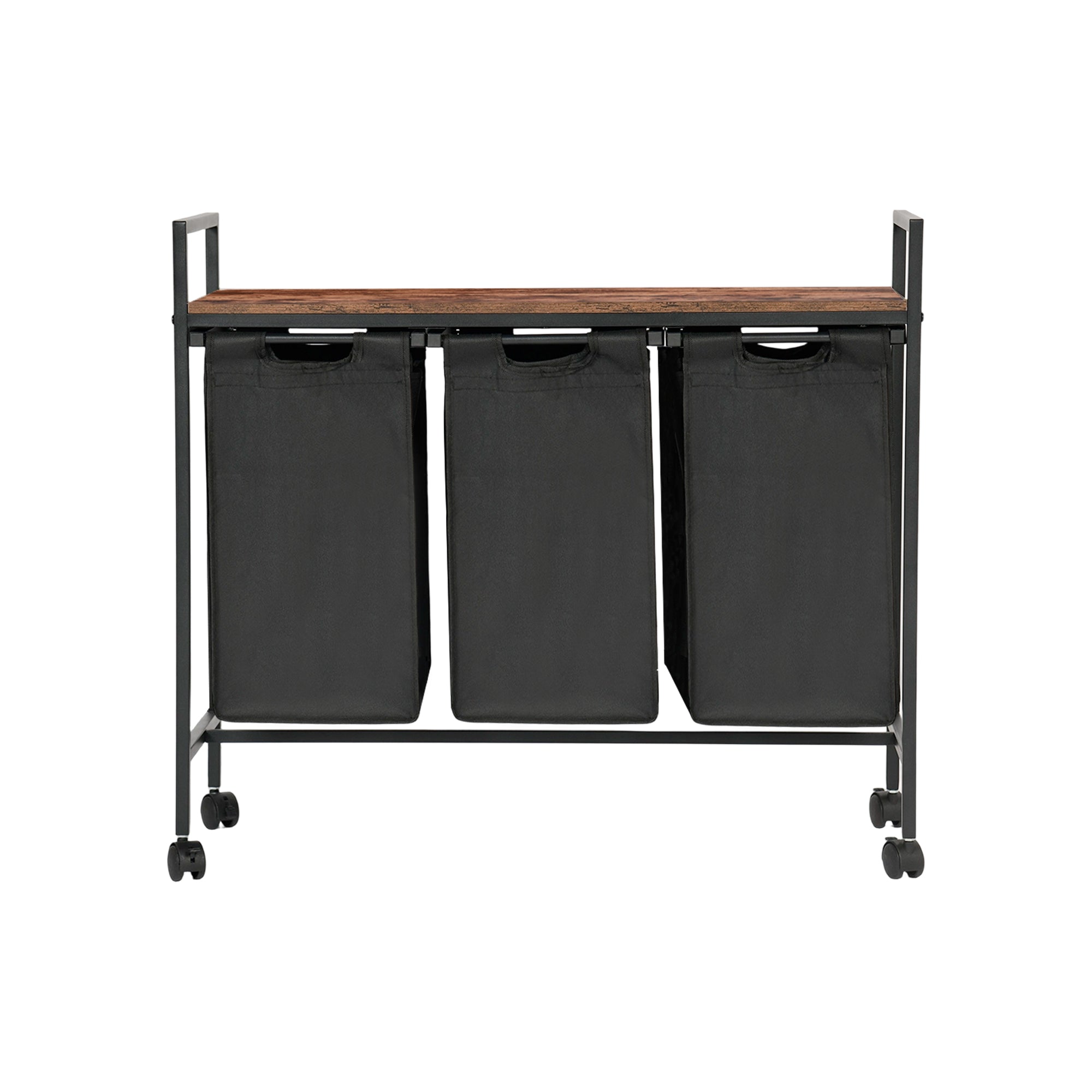 LUNNY Rolling Laundry Sorter Cart with 3 Removable Bags, Rustic Wood Top Shelf, Locking Wheels, Black Metal