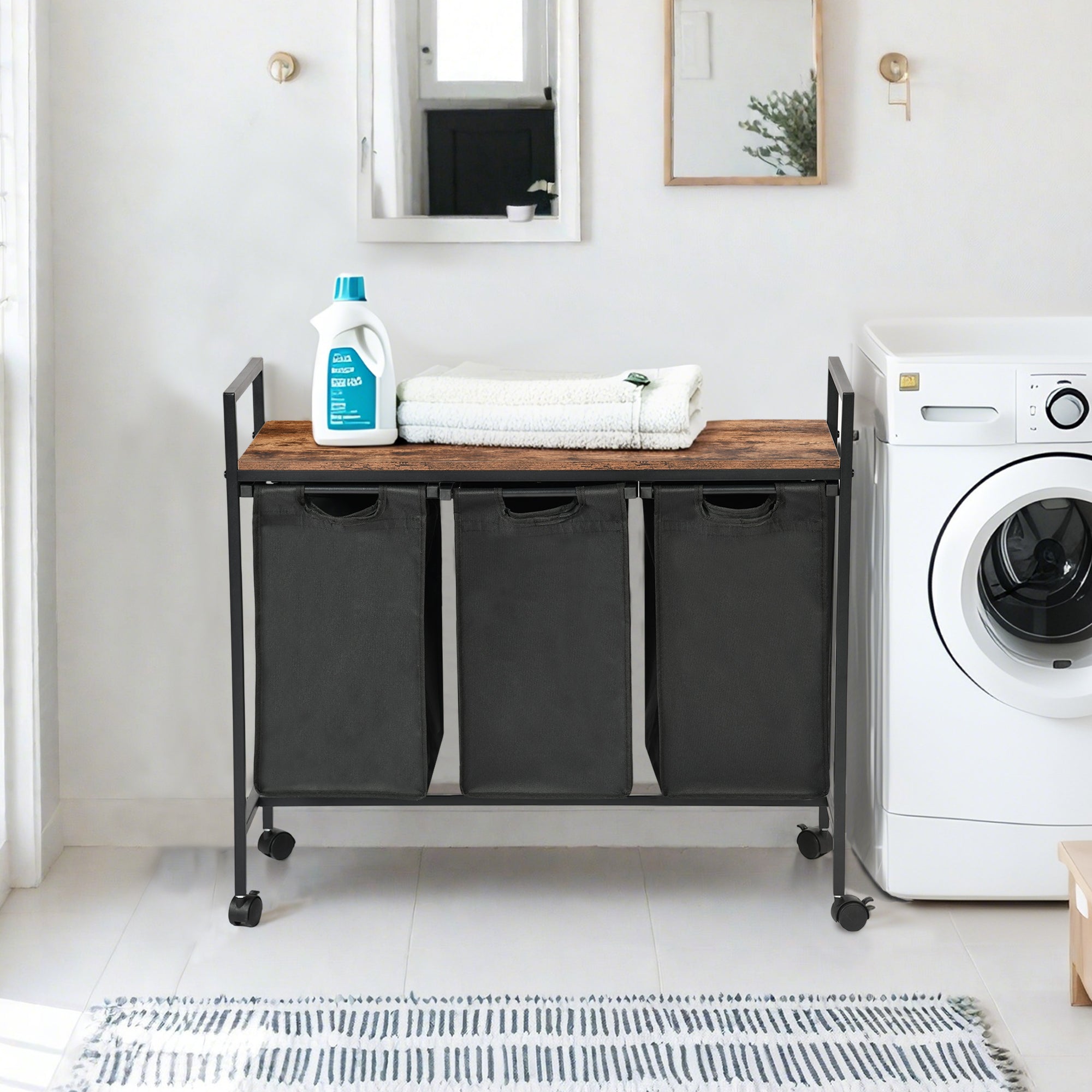 LUNNY Rolling Laundry Sorter Cart with 3 Removable Bags, Rustic Wood Top Shelf, Locking Wheels, Black Metal