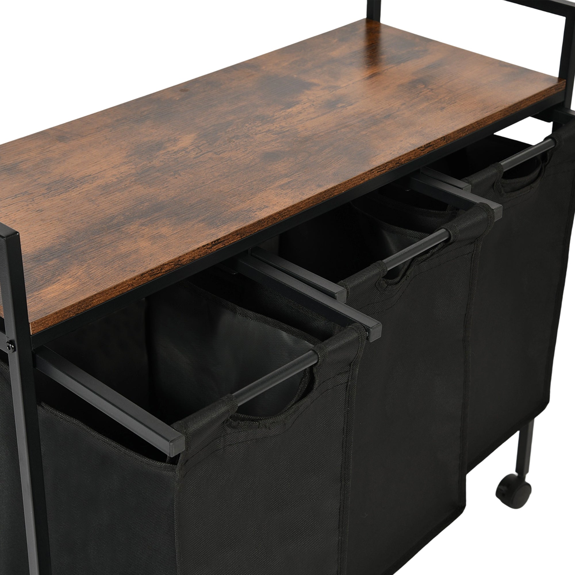 LUNNY Rolling Laundry Sorter Cart with 3 Removable Bags, Rustic Wood Top Shelf, Locking Wheels, Black Metal