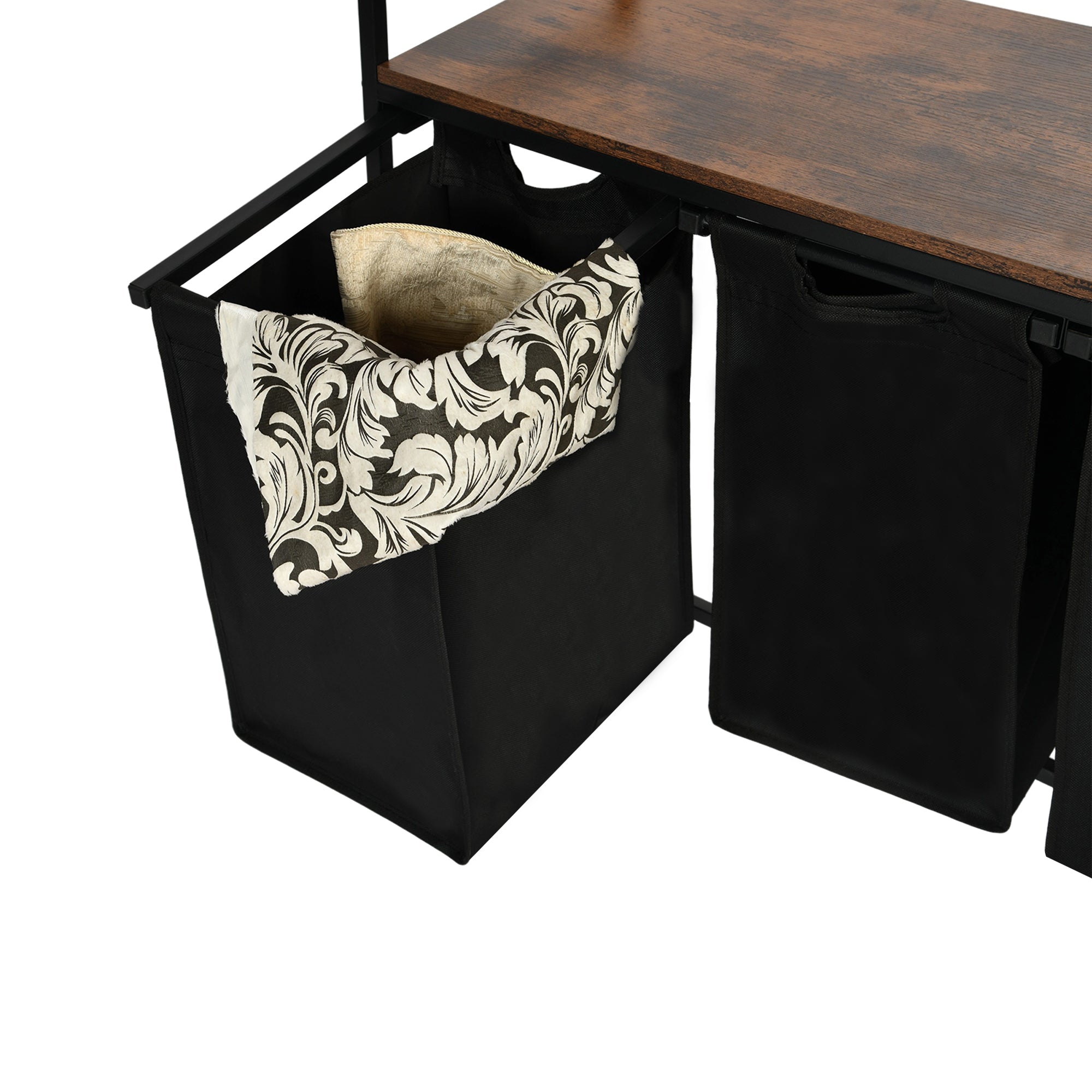 LUNNY Rolling Laundry Sorter Cart with 3 Removable Bags, Rustic Wood Top Shelf, Locking Wheels, Black Metal