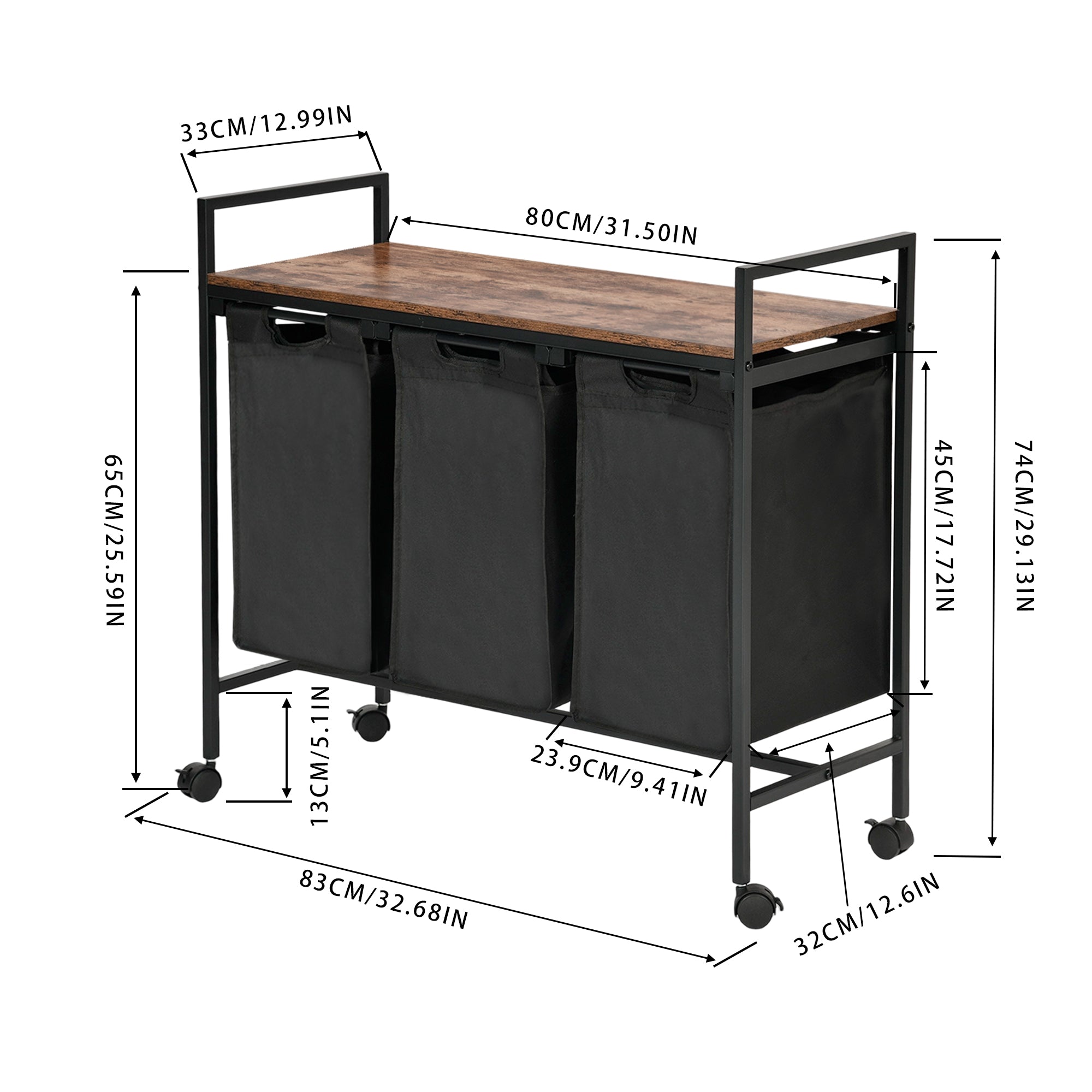 LUNNY Rolling Laundry Sorter Cart with 3 Removable Bags, Rustic Wood Top Shelf, Locking Wheels, Black Metal