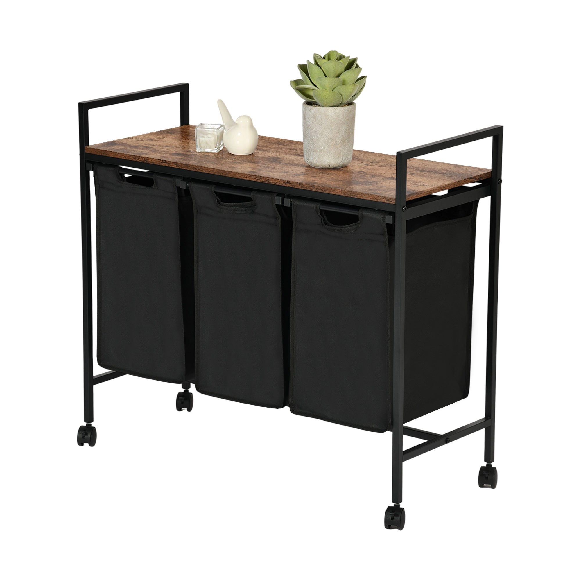 LUNNY Rolling Laundry Sorter Cart with 3 Removable Bags, Rustic Wood Top Shelf, Locking Wheels, Black Metal