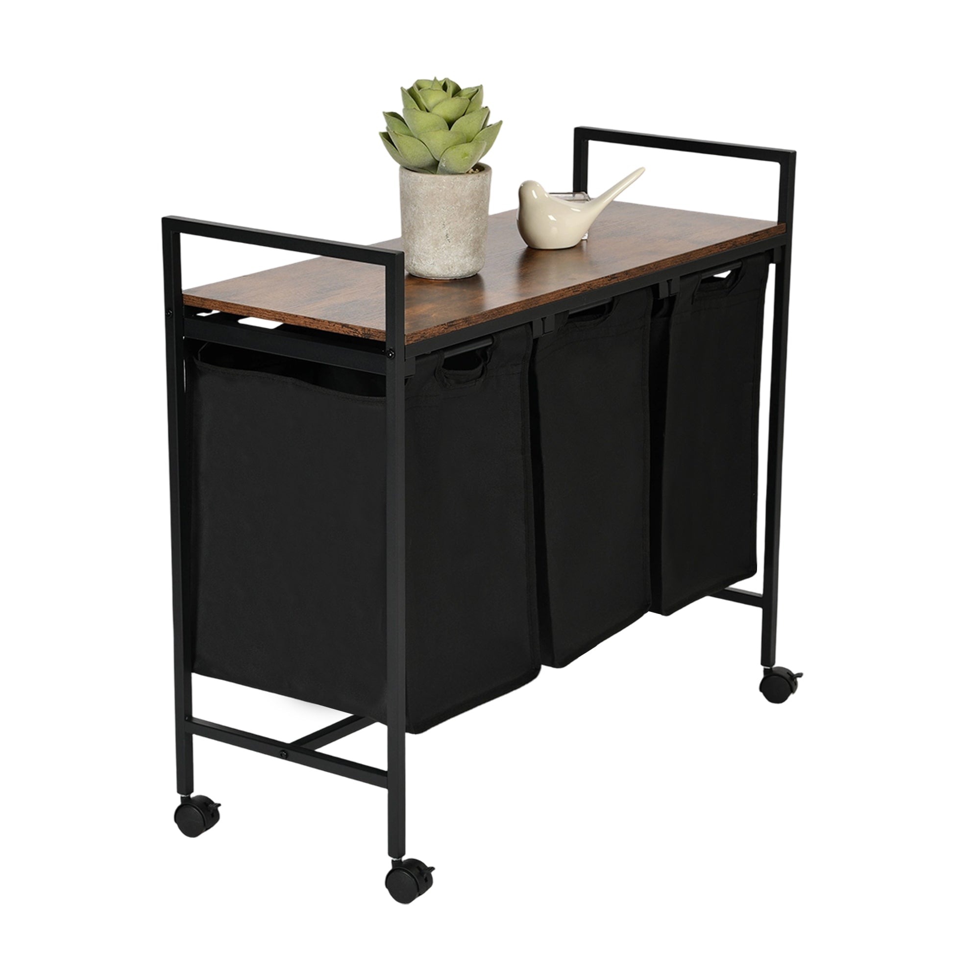 LUNNY Rolling Laundry Sorter Cart with 3 Removable Bags, Rustic Wood Top Shelf, Locking Wheels, Black Metal