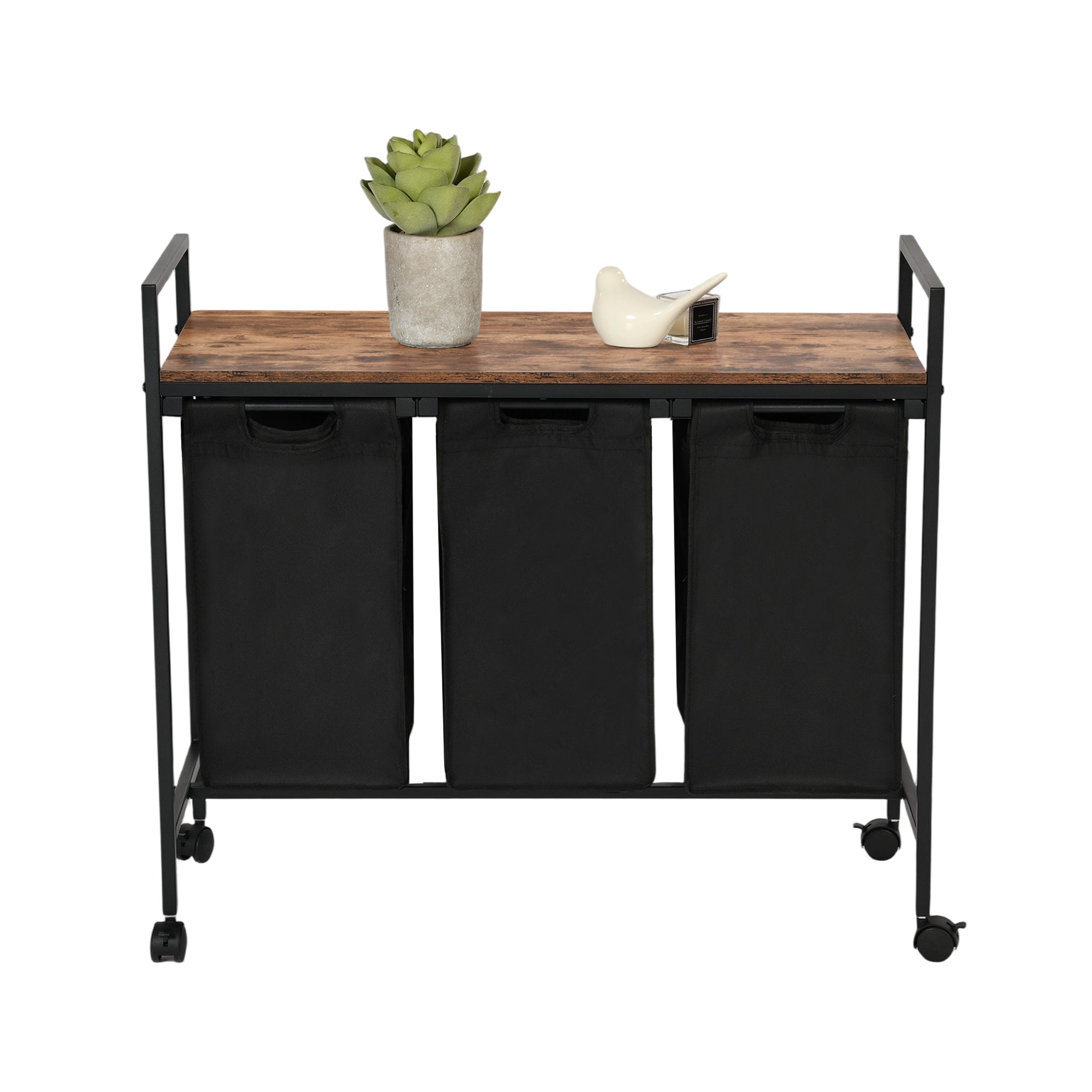 LUNNY Rolling Laundry Sorter Cart with 3 Removable Bags, Rustic Wood Top Shelf, Locking Wheels, Black Metal