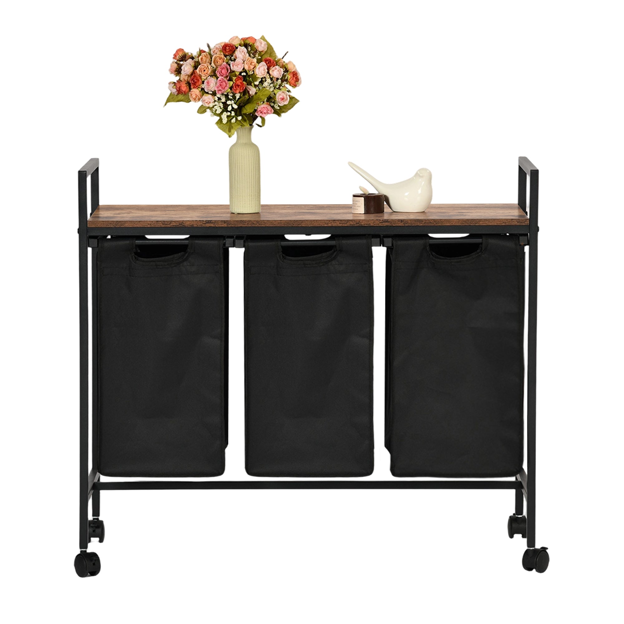 LUNNY Rolling Laundry Sorter Cart with 3 Removable Bags, Rustic Wood Top Shelf, Locking Wheels, Black Metal