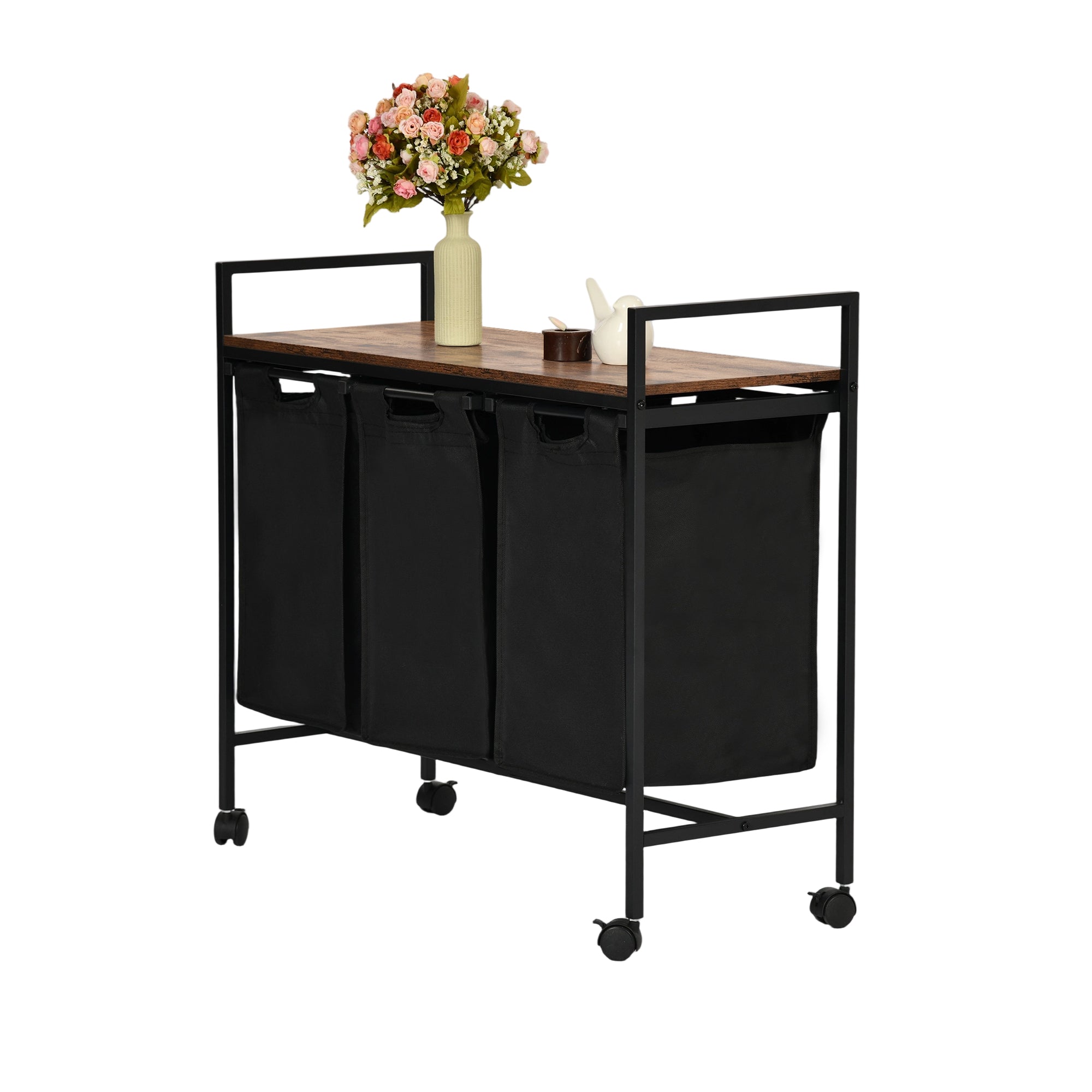 LUNNY Rolling Laundry Sorter Cart with 3 Removable Bags, Rustic Wood Top Shelf, Locking Wheels, Black Metal