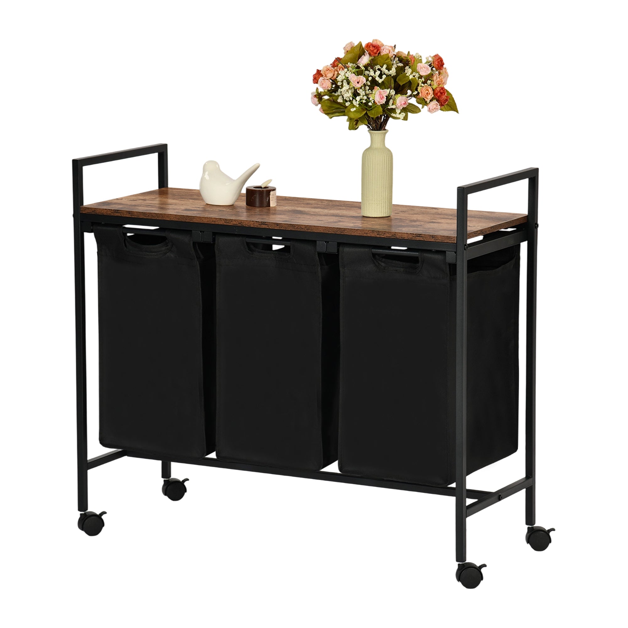 LUNNY Rolling Laundry Sorter Cart with 3 Removable Bags, Rustic Wood Top Shelf, Locking Wheels, Black Metal