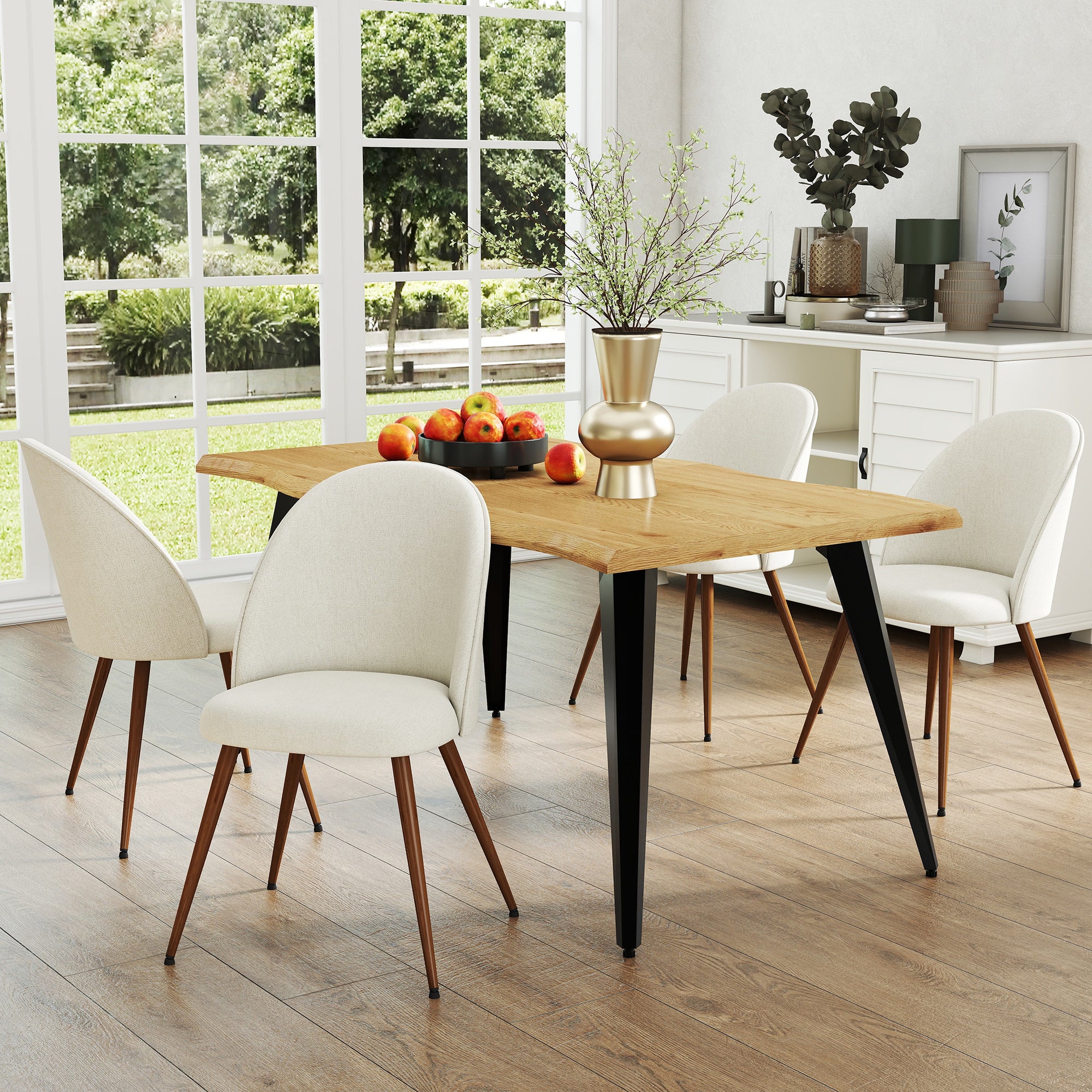 Homy Casa Haven 2PC High Back Dining Chairs, Walnut-look Legs with Beige Fabric