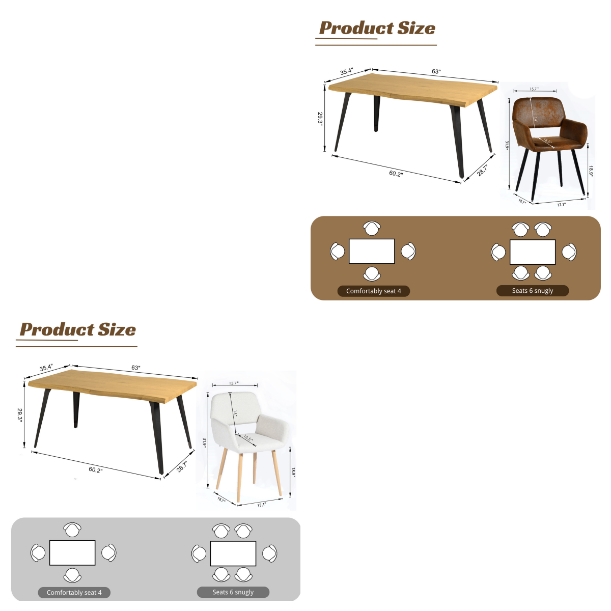 Homy Casa Stan 5 Piece Walnut Dining Table Set 63” Table with 4 Mayfair Upholstered Chairs, Beige
