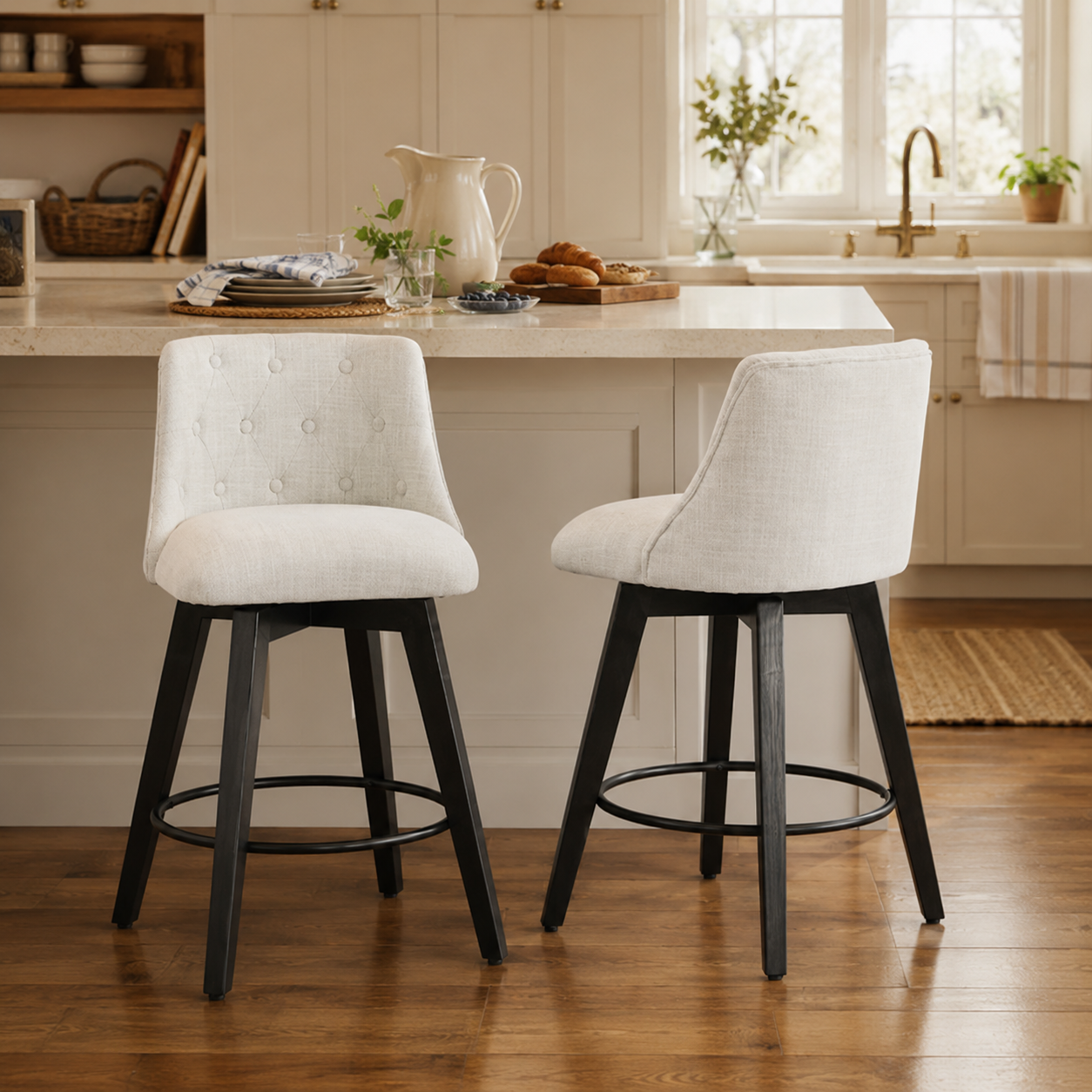 Langhe 25" Swivel Button Tufted Linen Upholstered Counter Height Stools Set of 2