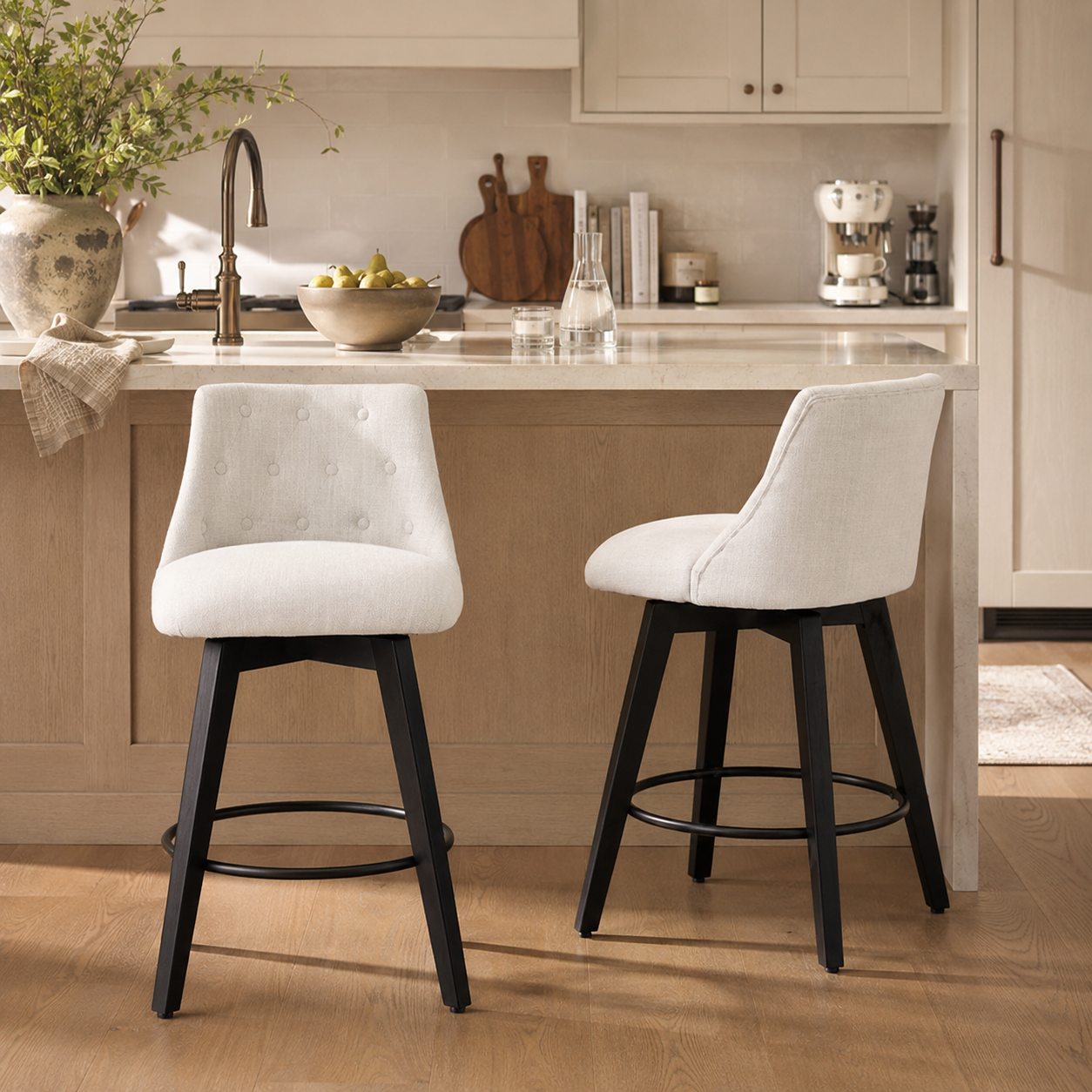 Langhe 25" Swivel Button Tufted Linen Upholstered Counter Height Stools Set of 2