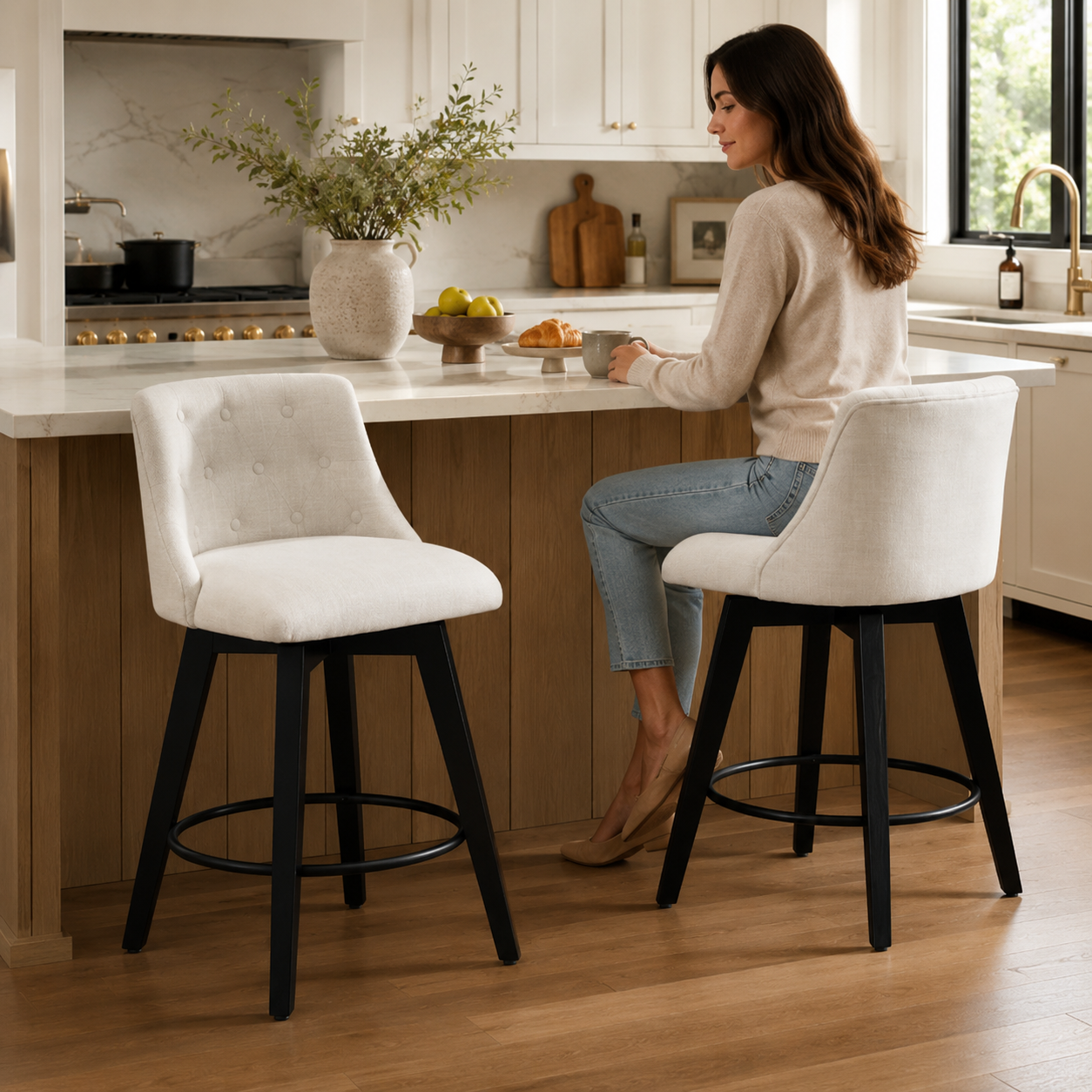 Langhe 25" Swivel Button Tufted Linen Upholstered Counter Height Stools Set of 2