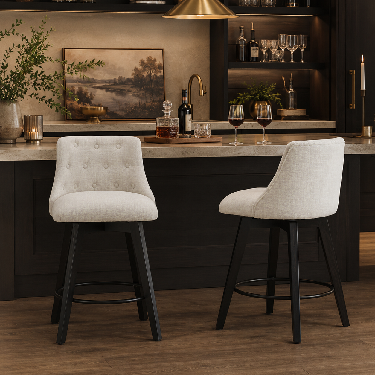 Langhe 25" Swivel Button Tufted Linen Upholstered Counter Height Stools Set of 2