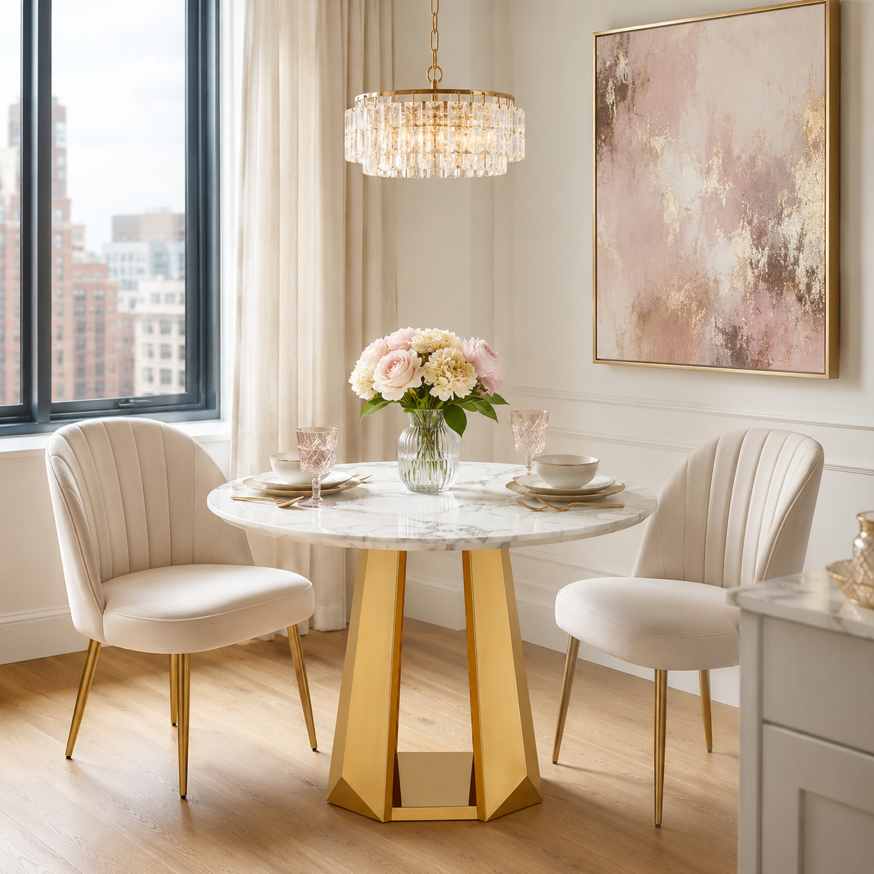 Laurent 47" Round Dining Table with Faux Marble Top and Geometric Base