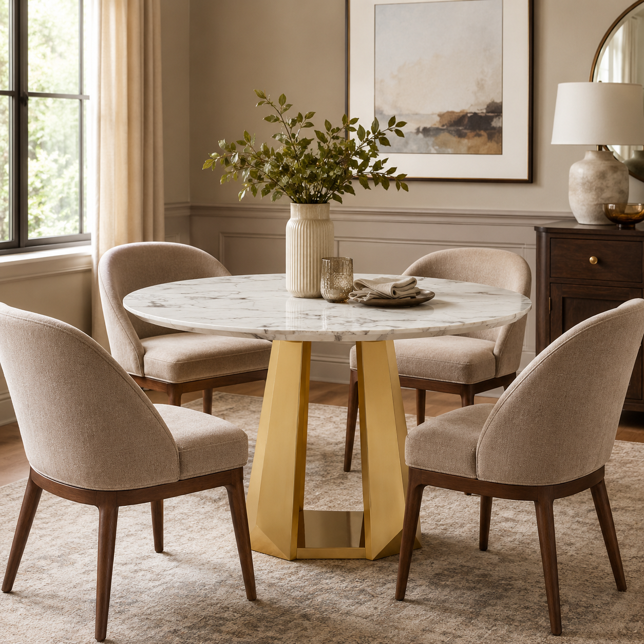 Laurent 47" Round Dining Table with Faux Marble Top and Geometric Base