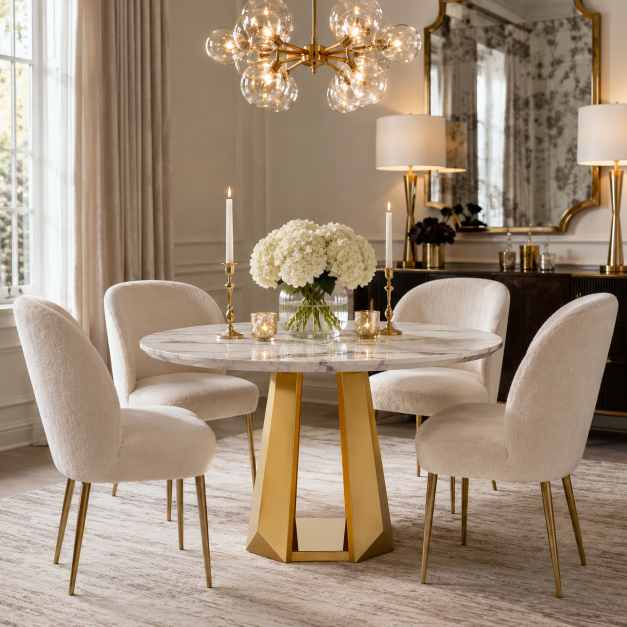 Laurent 47" Round Dining Table with Faux Marble Top and Geometric Base