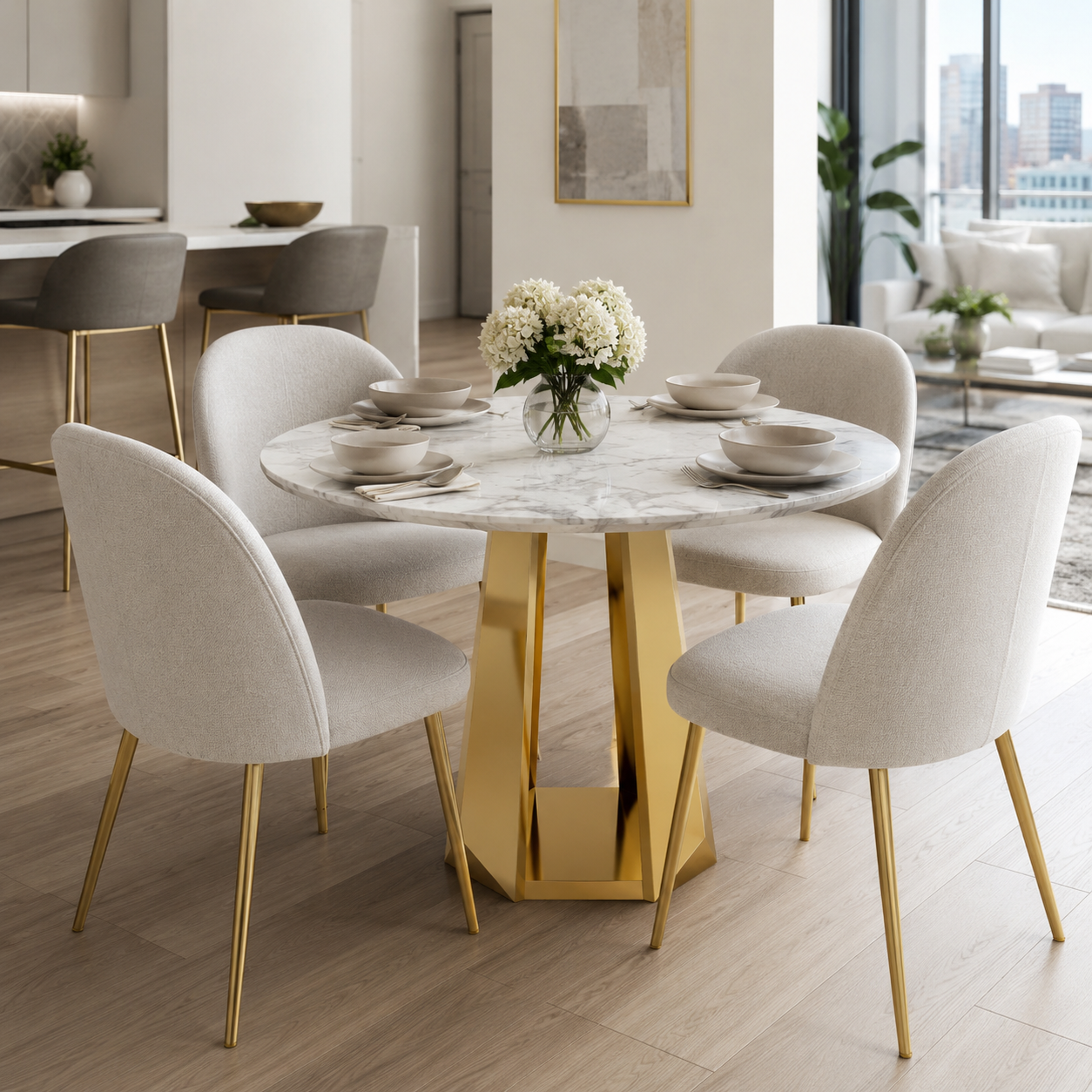 Laurent 47" Round Dining Table with Faux Marble Top and Geometric Base