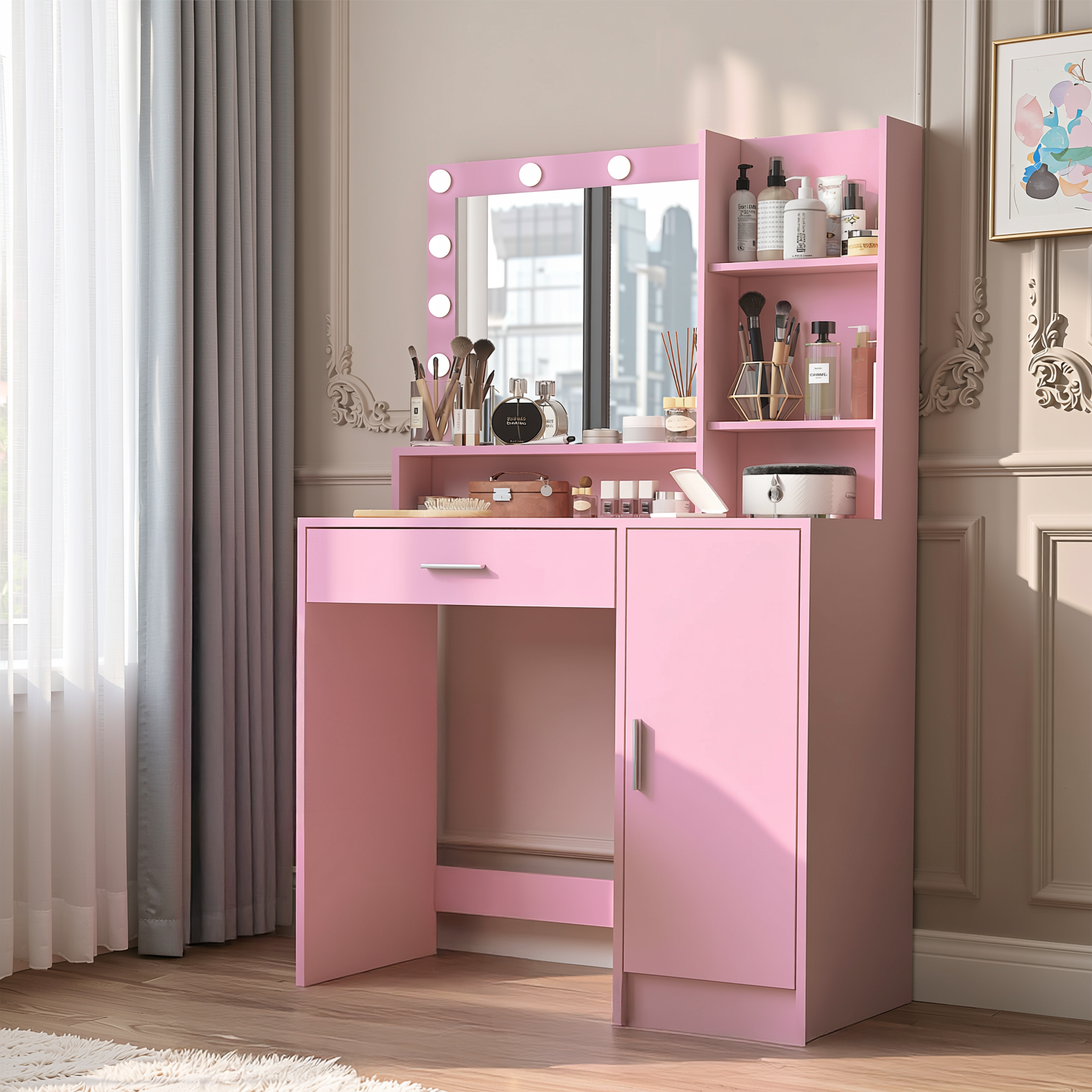 Homy Casa Lecce 2PC Vanity Set 35” Pink Makeup Vanity Desk with Hollywood Lighted Mirror, Storage Cabinet & Carnation Mesh Pink Swivel Chair