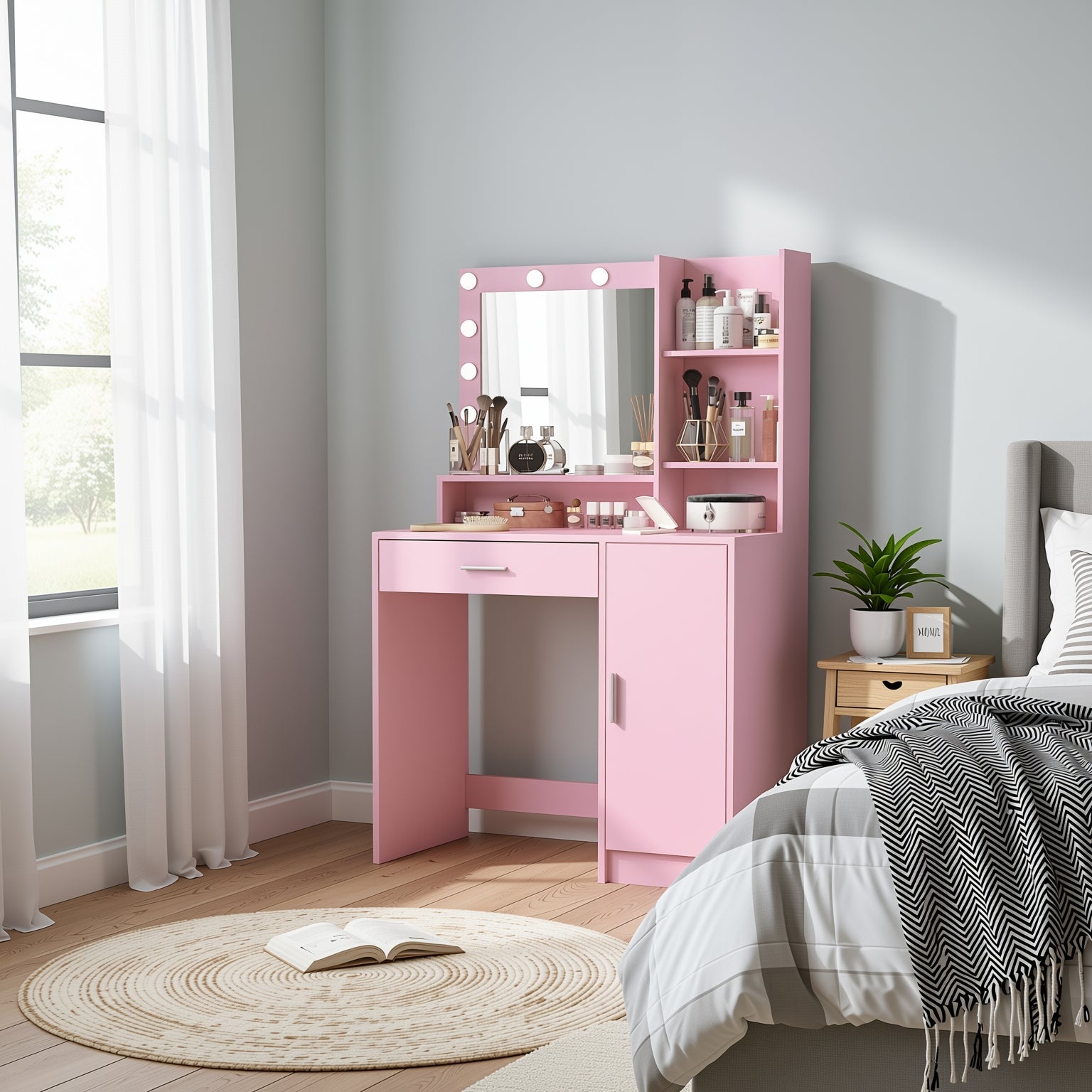 Homy Casa Lecce 2PC Vanity Set 35” Pink Makeup Vanity Desk with Hollywood Lighted Mirror, Storage Cabinet & Carnation Mesh Pink Swivel Chair