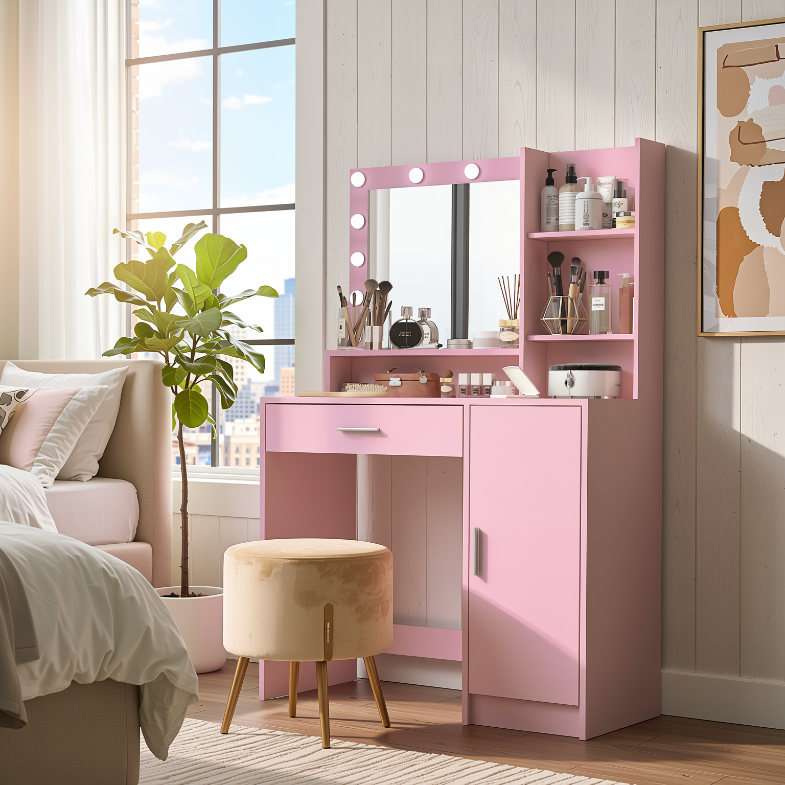Homy Casa Lecce 2PC Vanity Set 35” Pink Makeup Vanity Desk with Hollywood Lighted Mirror, Storage Cabinet & Carnation Mesh Pink Swivel Chair