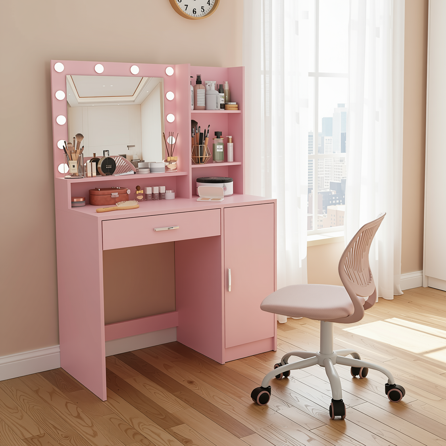 Lecce Pink Vanity Set Hollywood Lighted Mirror Desk with CARNATION Morandi Fabric Swivel Chair