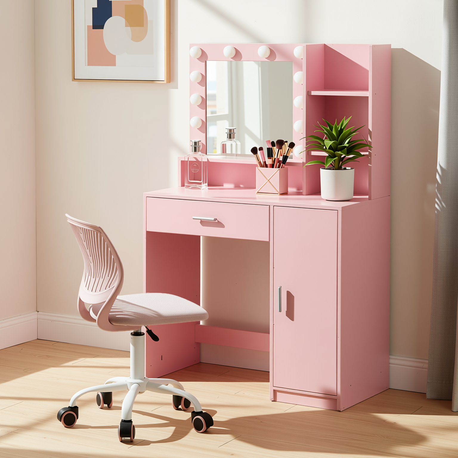 Lecce Pink Vanity Set Hollywood Lighted Mirror Desk with CARNATION Morandi Fabric Swivel Chair