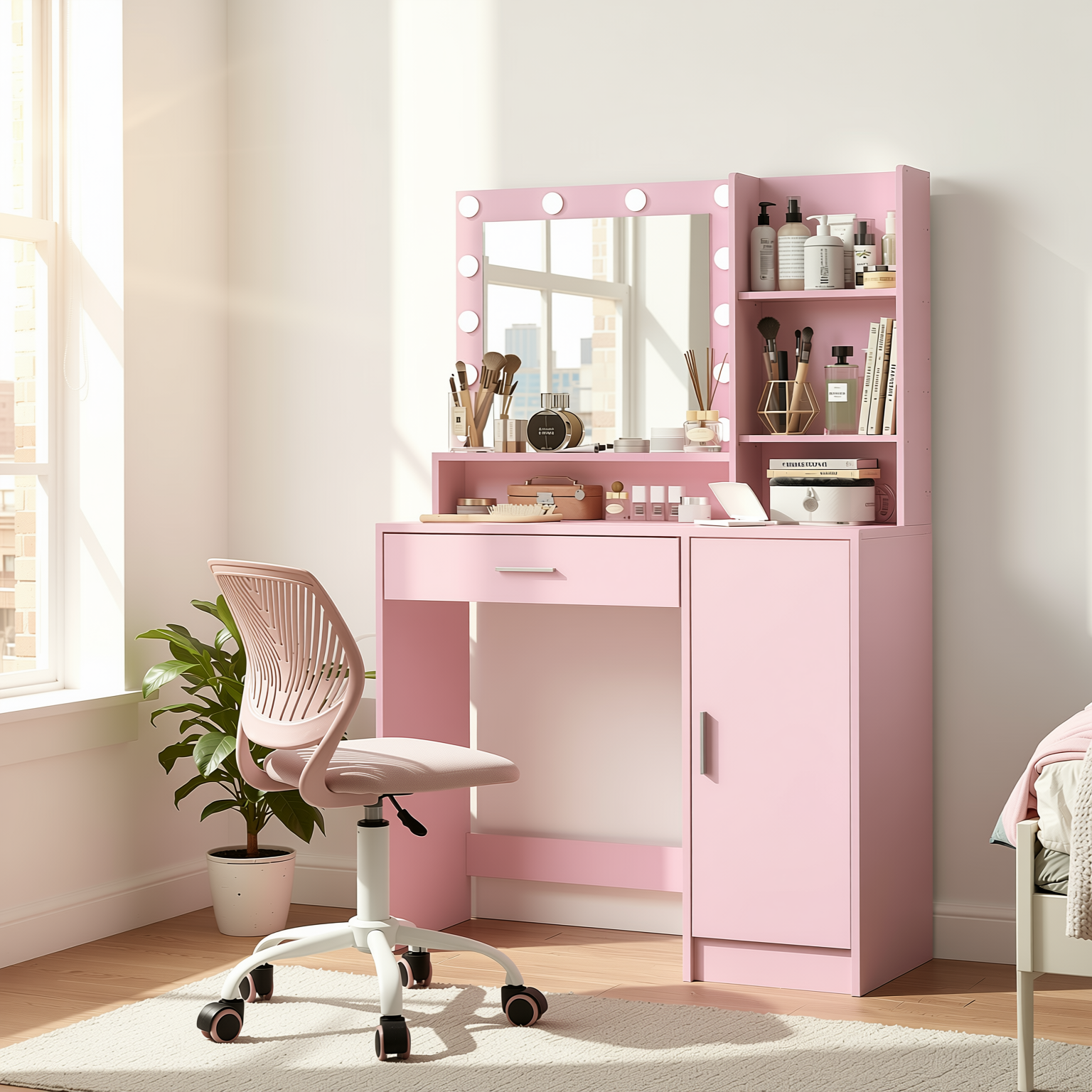 Lecce Pink Vanity Set Hollywood Lighted Mirror Desk with CARNATION Morandi Fabric Swivel Chair