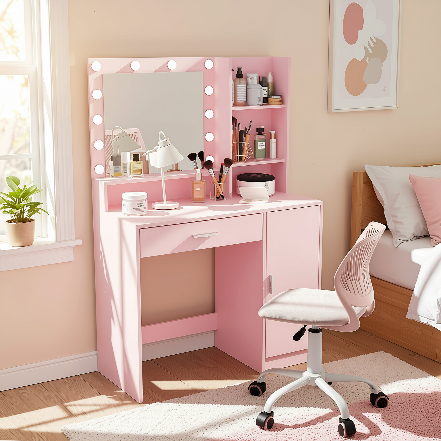 Lecce Pink Vanity Set Hollywood Lighted Mirror Desk with CARNATION Morandi Fabric Swivel Chair