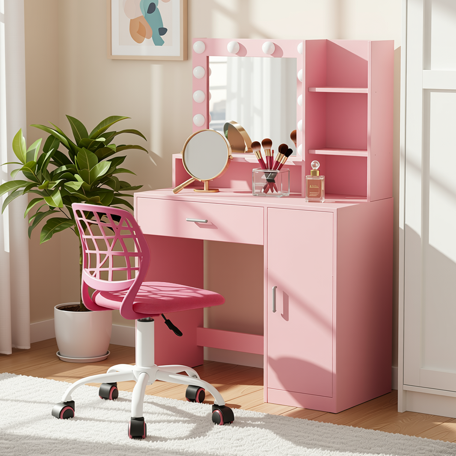 Homy Casa Lecce 2PC Vanity Set 35” Pink Makeup Vanity Desk with Hollywood Lighted Mirror, Storage Cabinet & Carnation Mesh Pink Swivel Chair