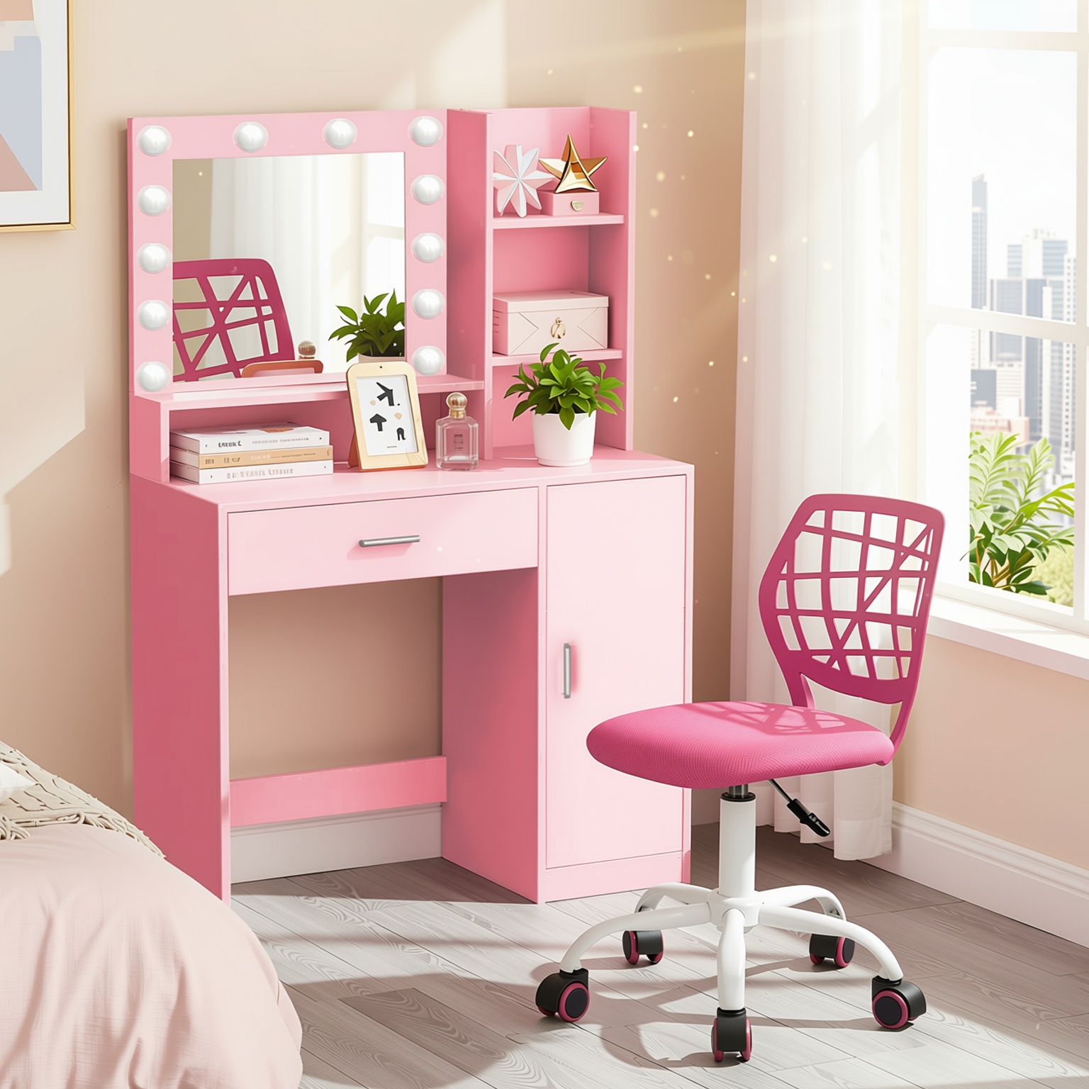 Homy Casa Lecce 2PC Vanity Set 35” Pink Makeup Vanity Desk with Hollywood Lighted Mirror, Storage Cabinet & Carnation Mesh Pink Swivel Chair