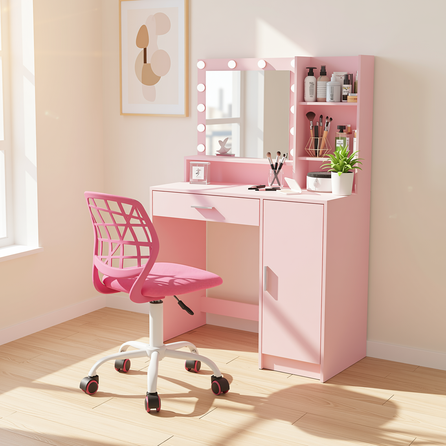 Homy Casa Lecce 2PC Vanity Set 35” Pink Makeup Vanity Desk with Hollywood Lighted Mirror, Storage Cabinet & Carnation Mesh Pink Swivel Chair